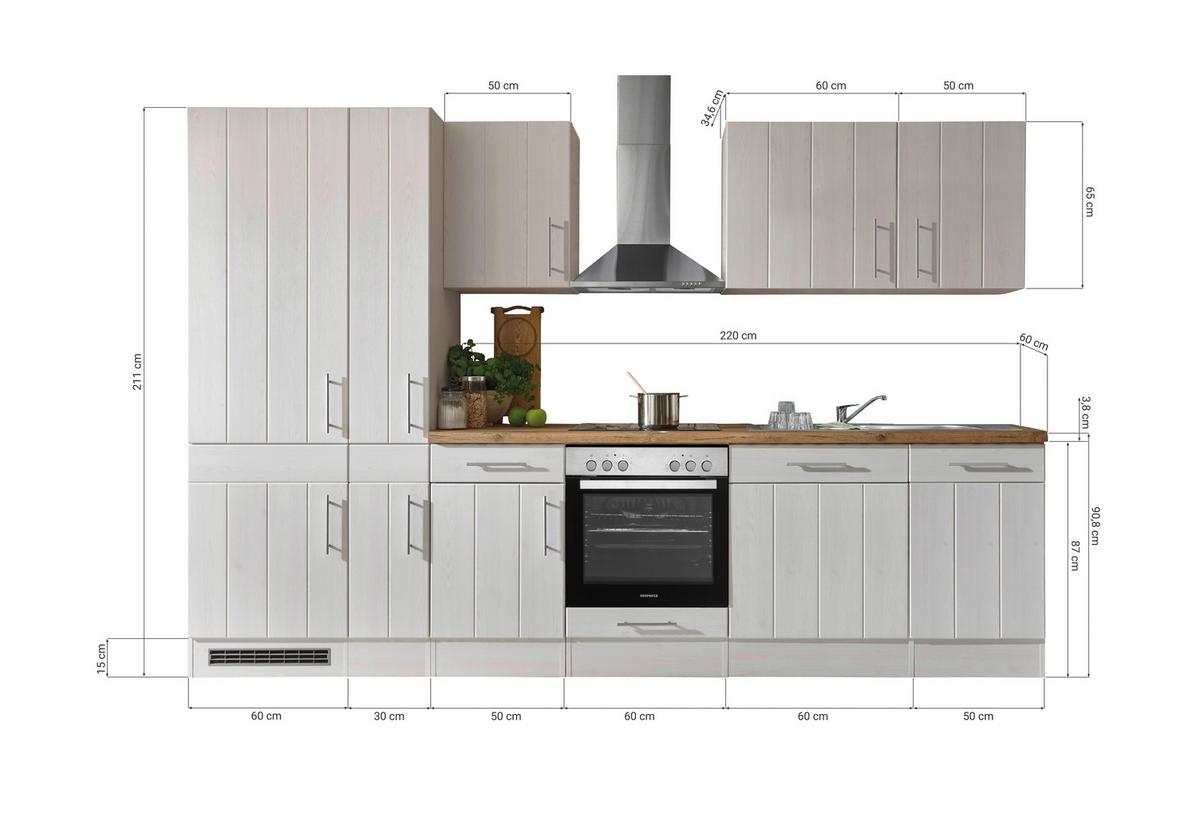 Küchenblock Anton Landhaus ohne Geräte ca. 310 cm Weiß - Wildeiche/Edelstahlfarben, Basics, Holzwerkstoff/Metall (310cm) - Respekta