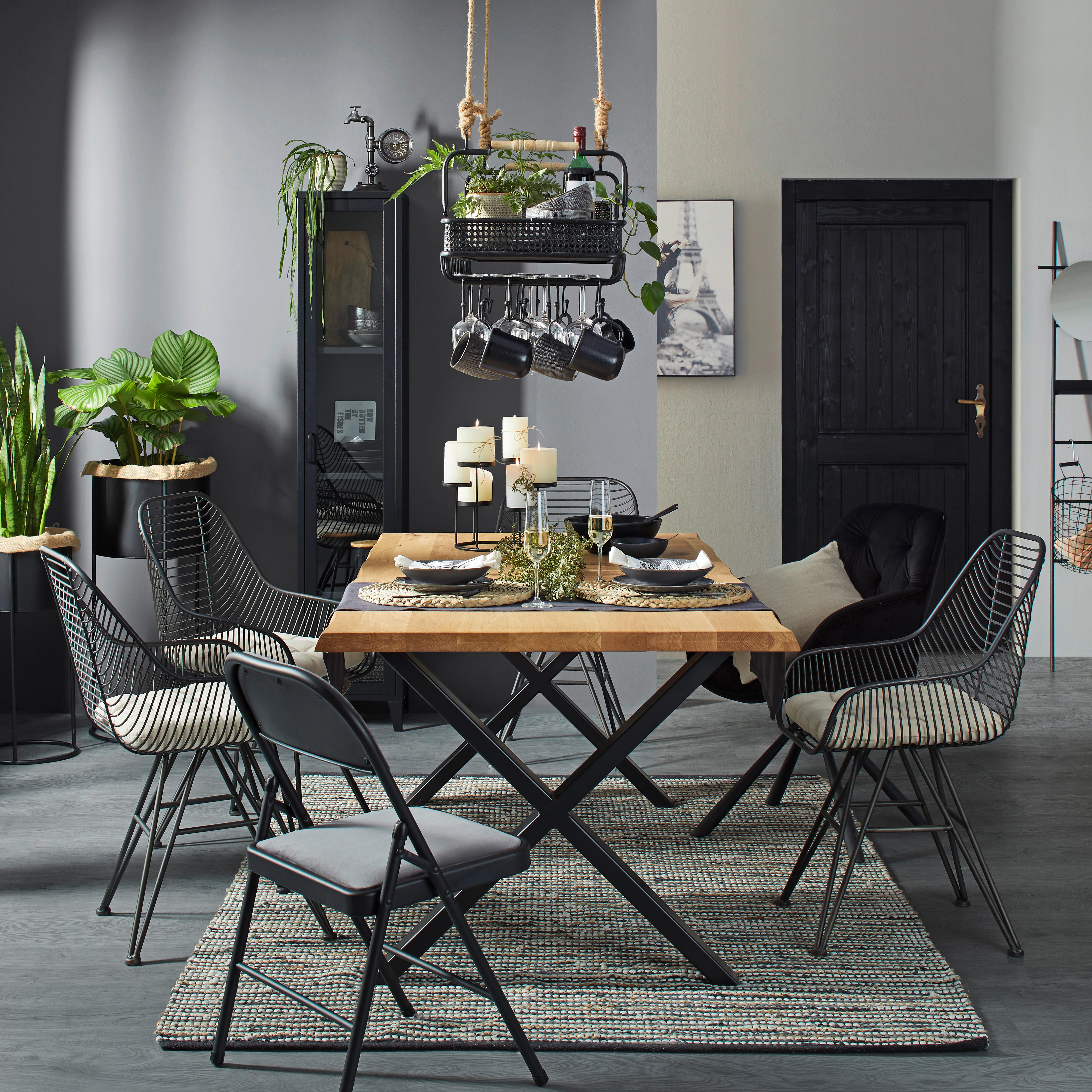 Esstisch Oak Wildeiche massiv ca. 200x100x76cm - vildek/svart, Natur, metall/trä (200/100/75cm) - Zandiara