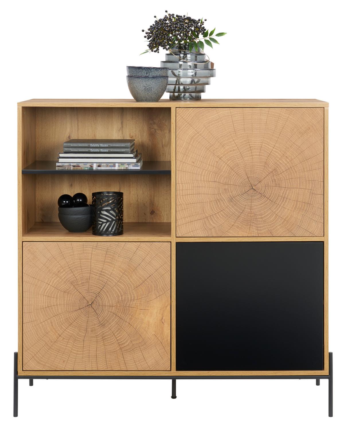 KOMODA LIVI - kolor dębowy/czarny, Design, materiał drewnopochodny/metal (110/114/40cm) - Carryhome