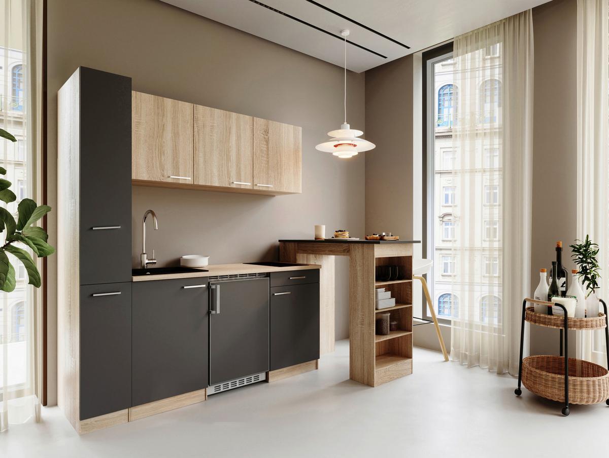 Küchenblock Ingrid m. Geräten Grau - Eichefarben/Alufarben, Design, Holzwerkstoff/Kunststoff (180cm) - Respekta