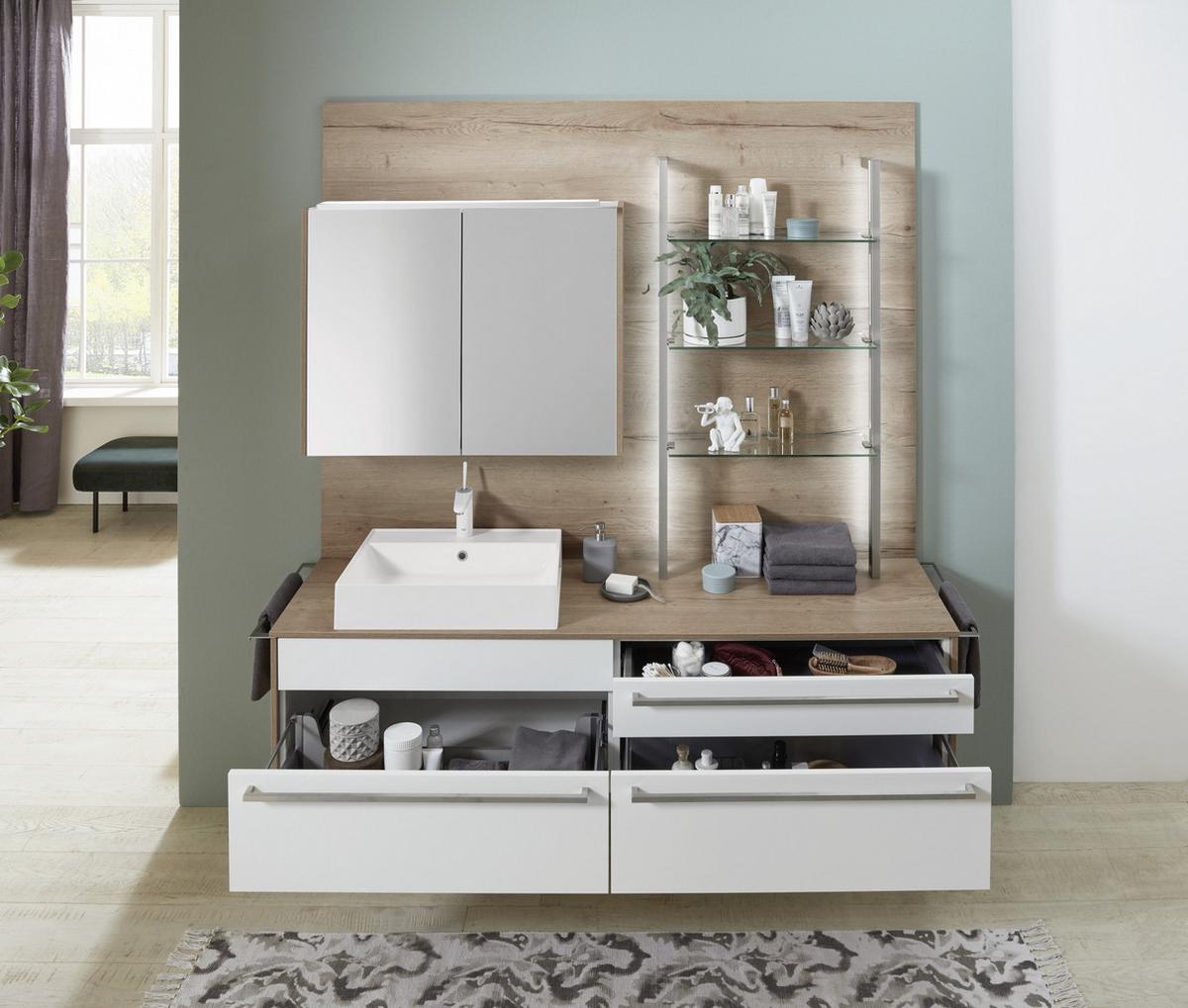 Mobilier de baie la comanda Lars - alb/culoare lemn stejar, Modern, sticlă/piatră (197,8cm) - Celina Home