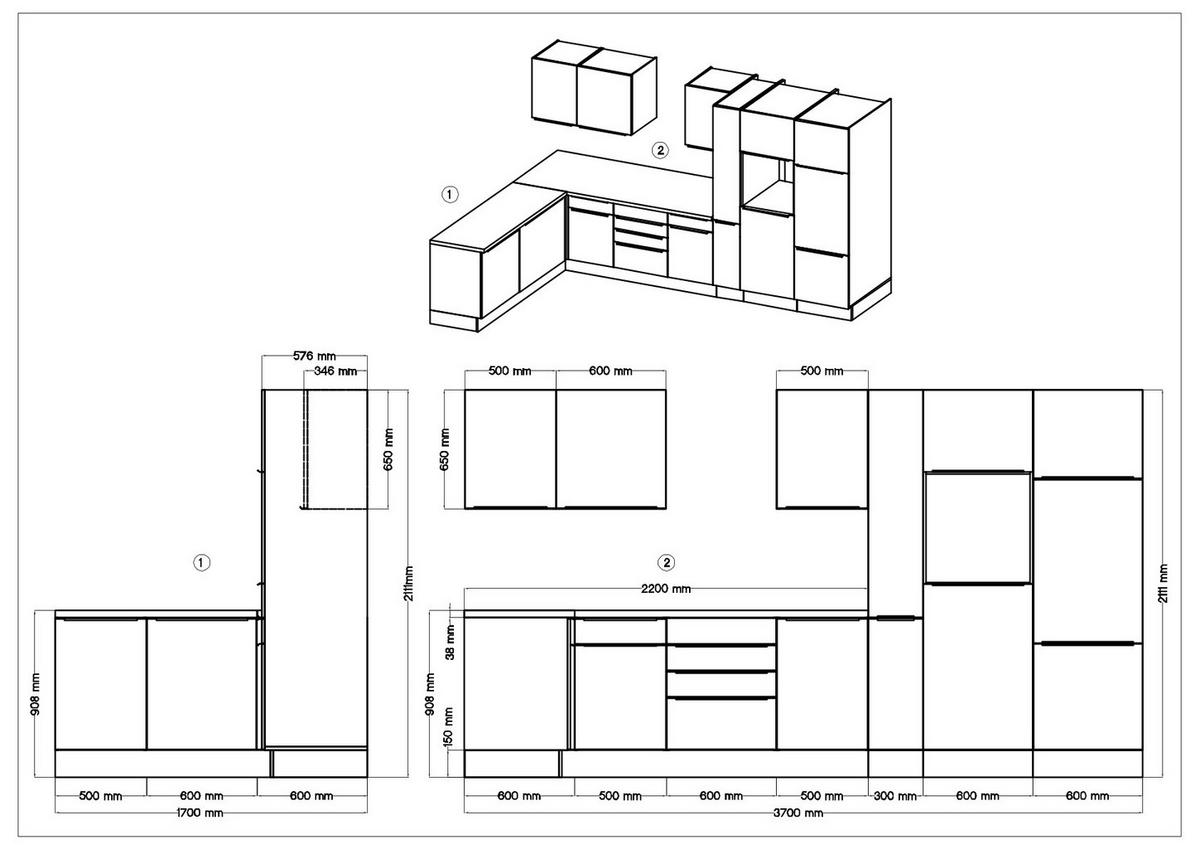 Eckküche Marleen mit Geräten Weiß Hochgl/Eiche ca.370x170cm - Weiß Hochglanz/Alufarben, LIFESTYLE, Holzwerkstoff/Kunststoff (170/370cm) - Respekta