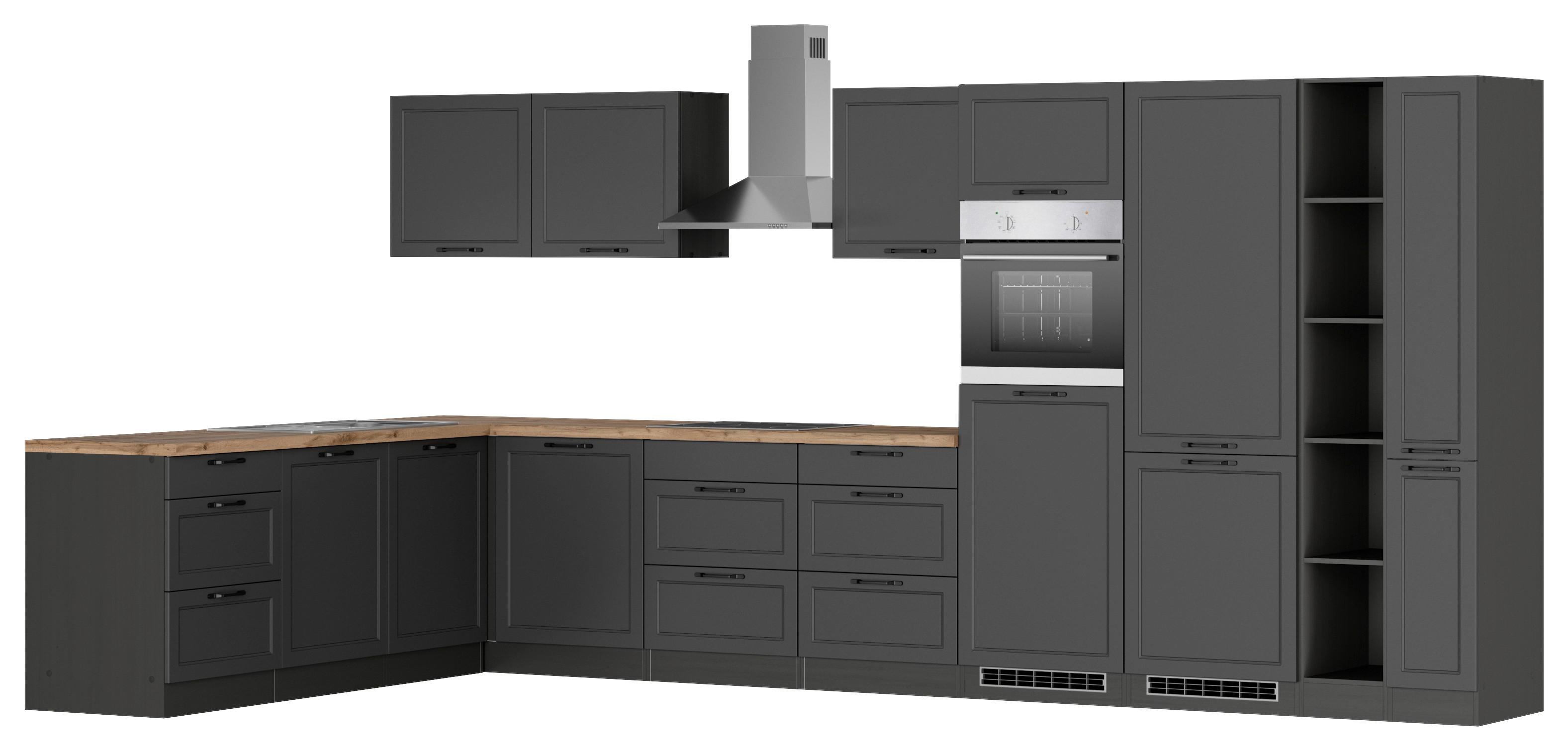 Eckküche Meran mit Geräten ca. 240x420 cm Grau/Eiche - Eiche Wotan/Schwarz, LIFESTYLE, Holzwerkstoff/Metall (240/420cm) - Held