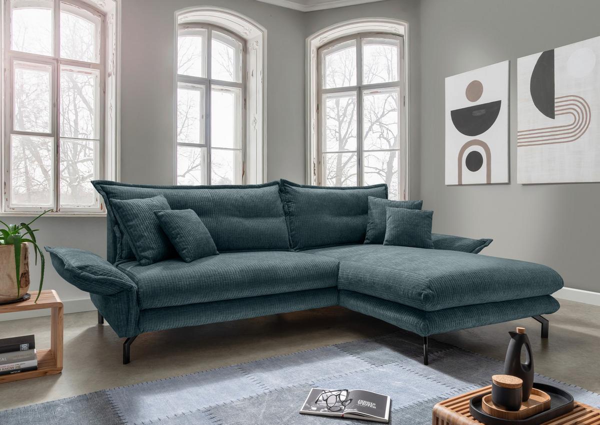 Ecksofa Lava Blau Velours - bleu/noir, Design, textile/métal (255/180cm) - Livetastic