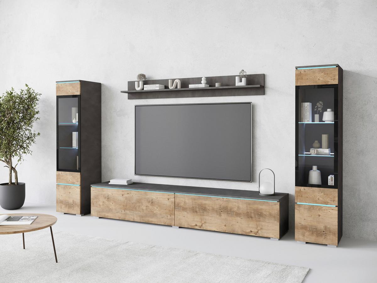 Dnevni Regal Vera I, Antracit, Barva Kostanja, Z Osvetlitvijo - siva/barva kostanjevega hrasta, Trend, umetna masa/steklo (240/130/33cm) - P & B