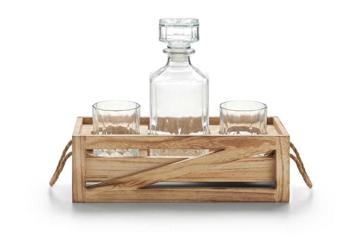 Whisky-Gläserset Ryan in Klar/Naturfarben - Klar/Naturfarben, KONVENTIONELL, Glas/Holz (32/22/13,2cm) - Modern Living