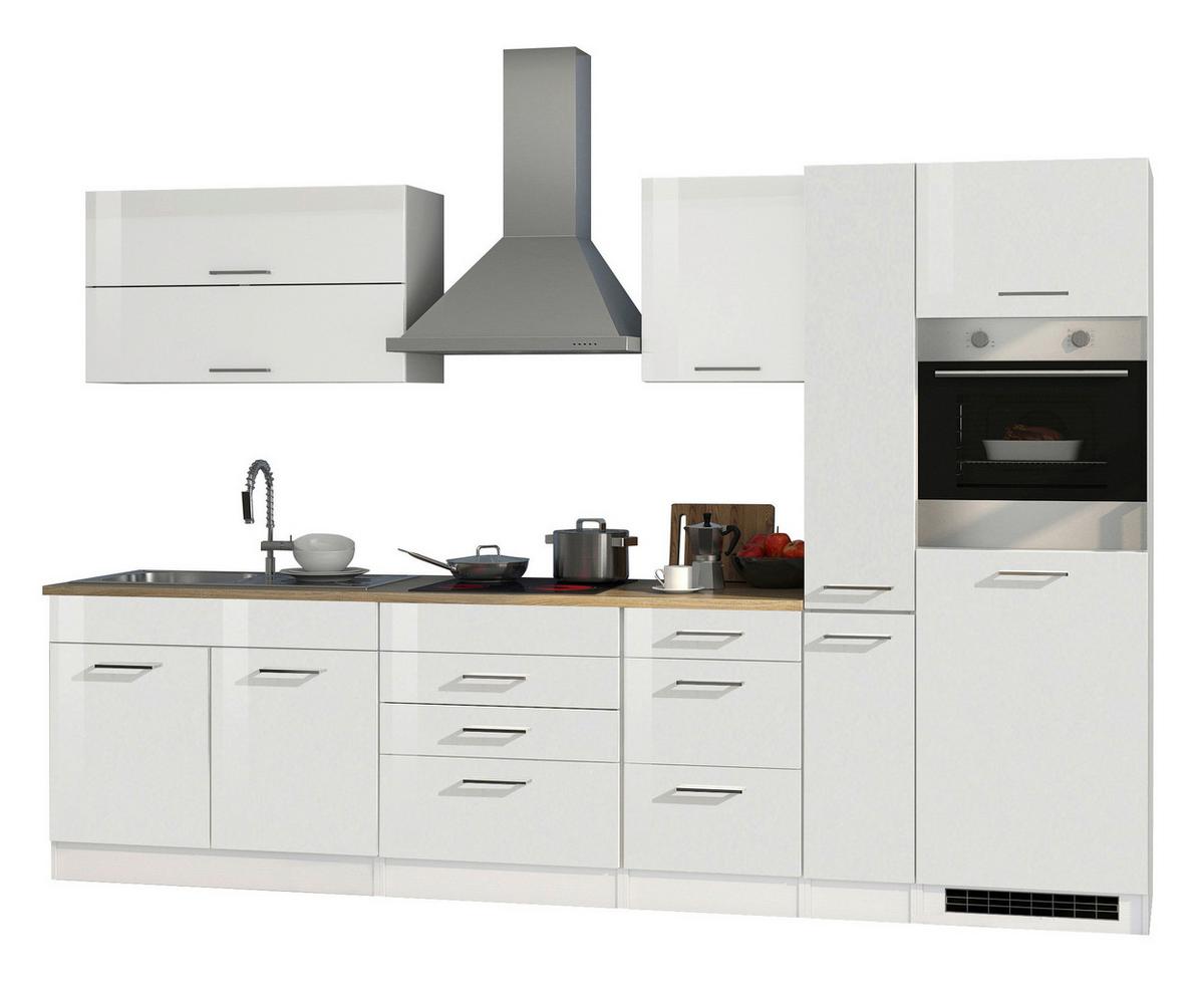 Küchenblock in Weiss inkl. E-Geräte 'Mailand' - Chromfarben/Weiß Hochglanz, MODERN, Holzwerkstoff/Metall (320cm) - Held