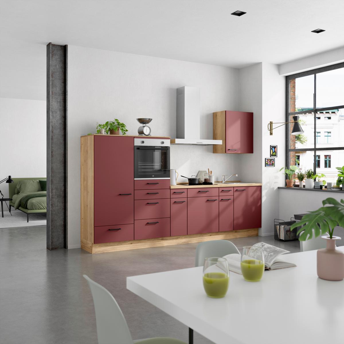 Küchenblock Easytouch Low m. Geräten Dunkelrot - Eichefarben/Schwarz, MODERN, Holzwerkstoff/Metall (300cm) - Nobilia