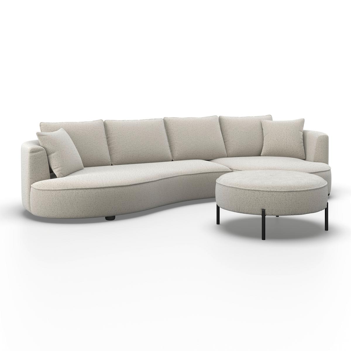 Wohnlandschaft Nilas Creme Chenille mit Hocker - Creme/Schwarz, MODERN, Holz/Textil (322/154cm) - Bessagi Home