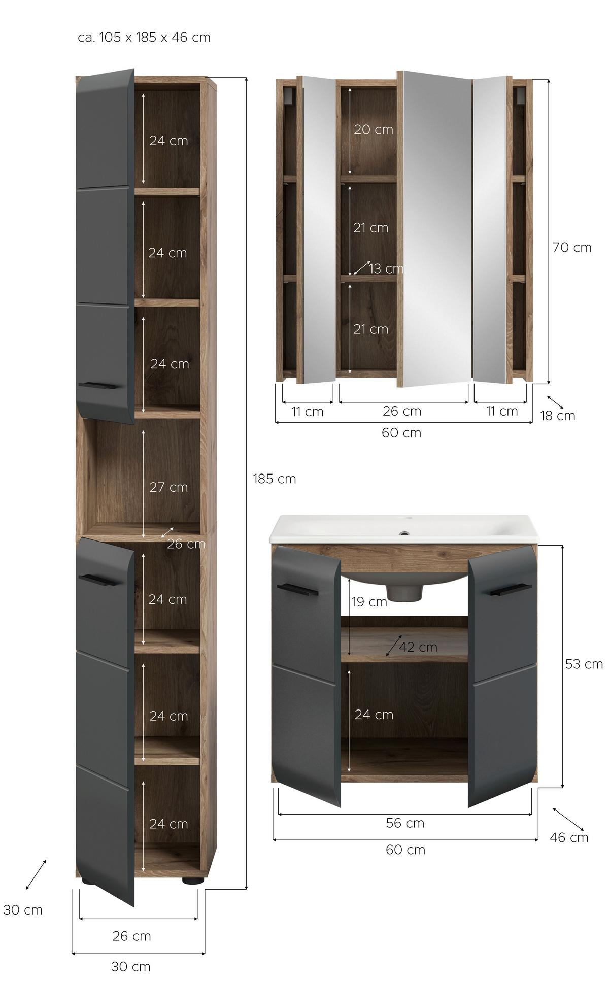 Kopalnica Ice, Črna, Barva Hrasta, 3-Delna - črna/temni hrast, Basics, umetna masa/leseni material (90cm) - MID.YOU