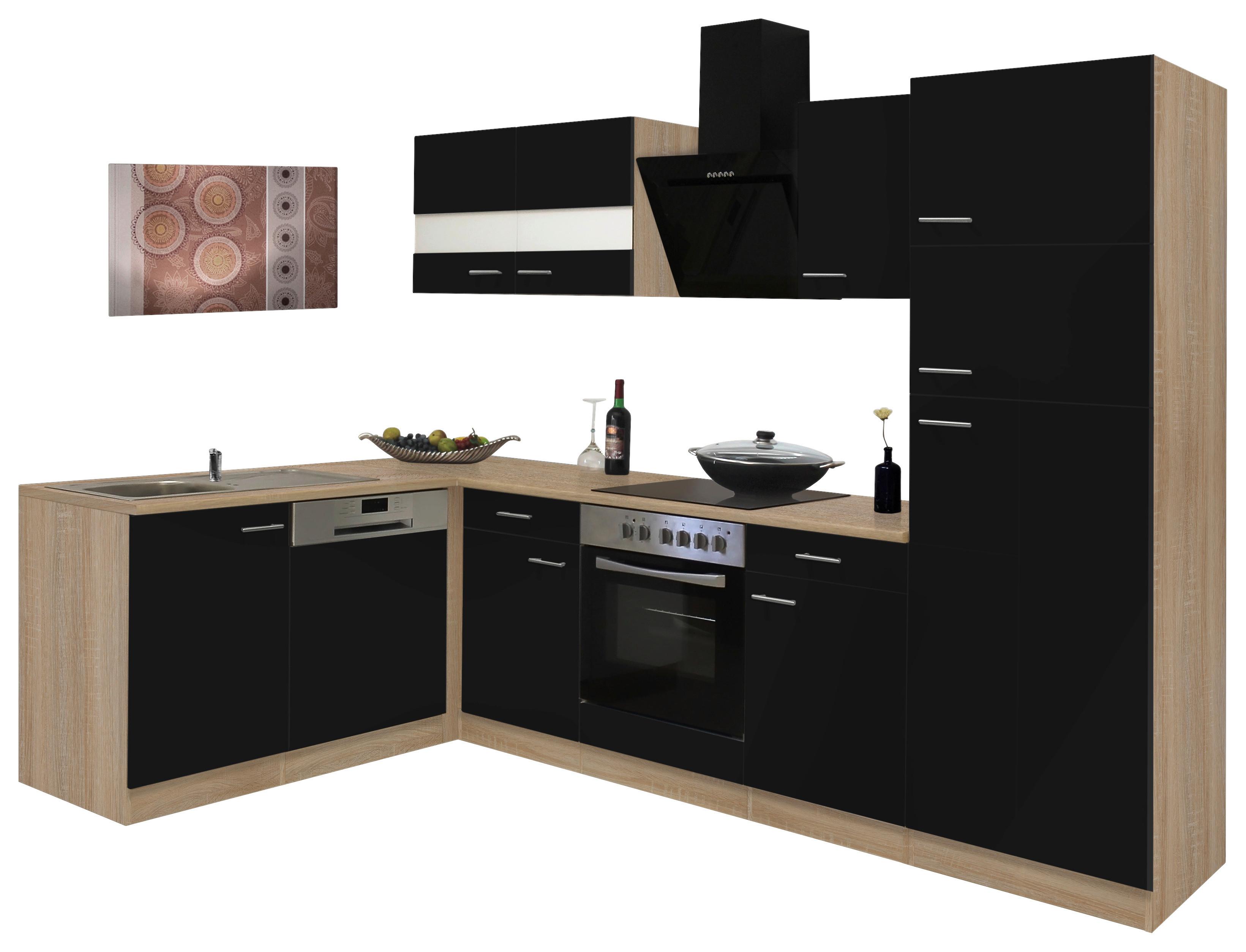Eckküche Economy Schwarz/Eiche mit Geräte ca. 172x280 cm - Eichefarben/Schwarz, Basics, Glas/Holzwerkstoff (172/280cm) - Respekta