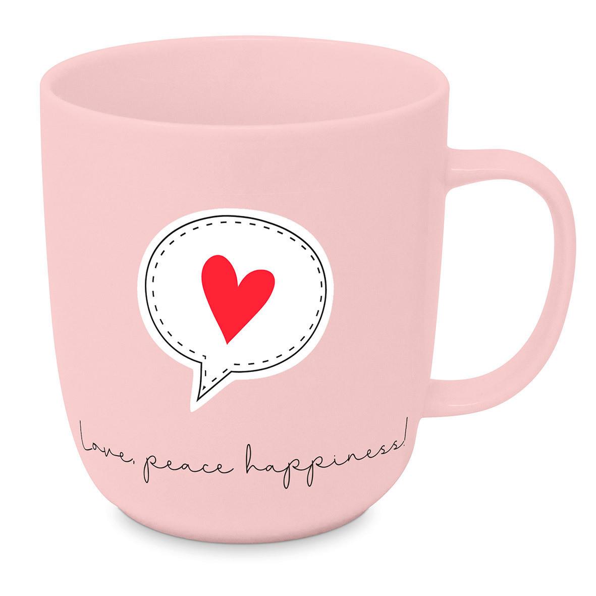 Kaffeebecher Love Peace Happiness aus Keramik ca.400ml - Rot/Schwarz, MODERN, Keramik (9/10cm)