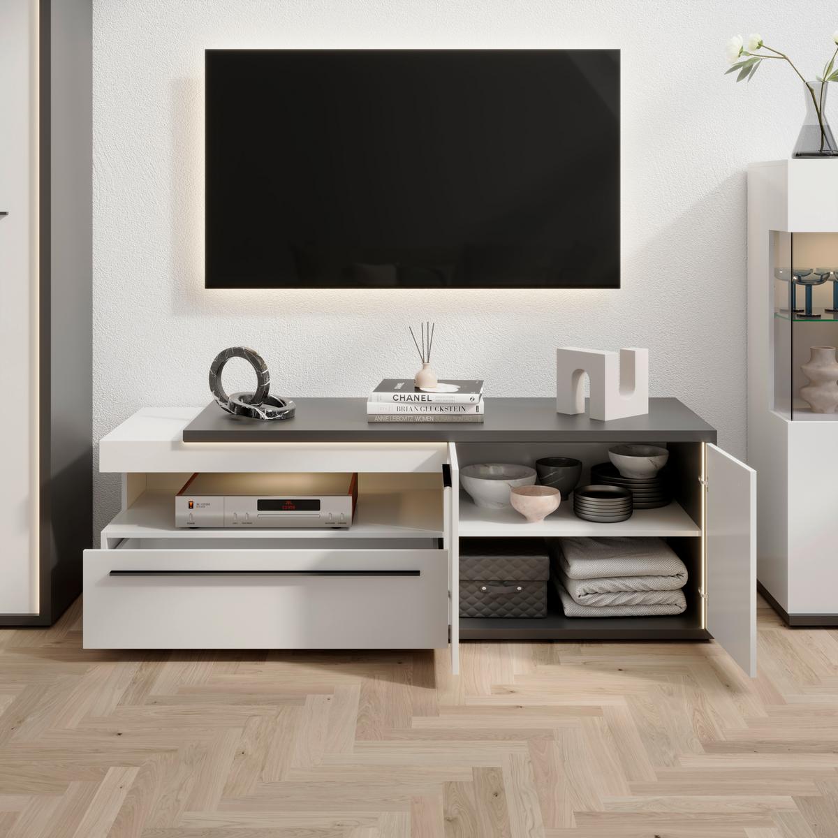 Tv Komoda Ambiente Plus - bijela/bijela visoki sjaj, Moderno, drvni materijal/plastika (163,6/56,6/53,6cm) - Modern Living