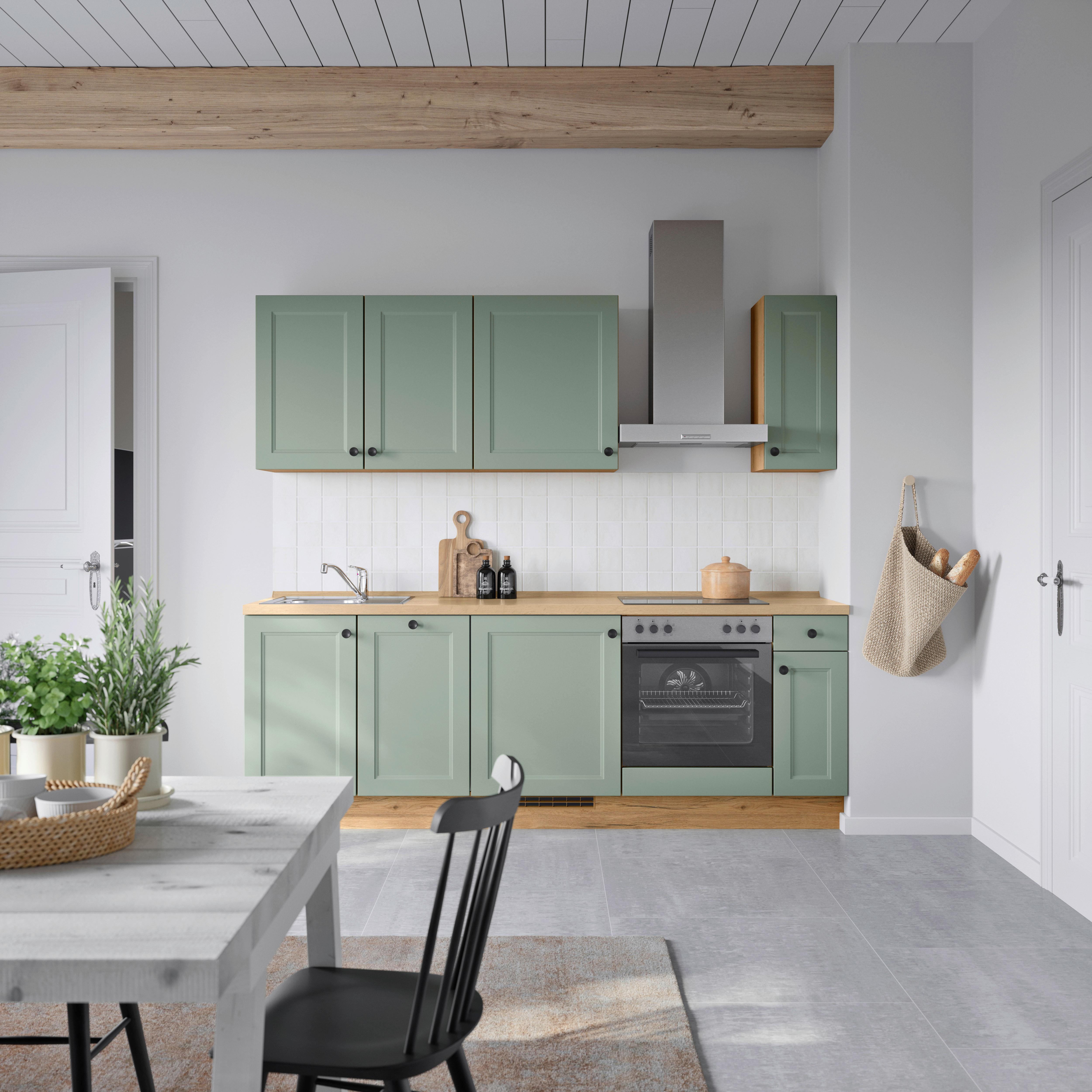 Küchenblock Cascada Low m. Geräten Schilfgrün - Schilfgrün/Eichefarben, MODERN, Holzwerkstoff/Metall (240cm) - Nobilia