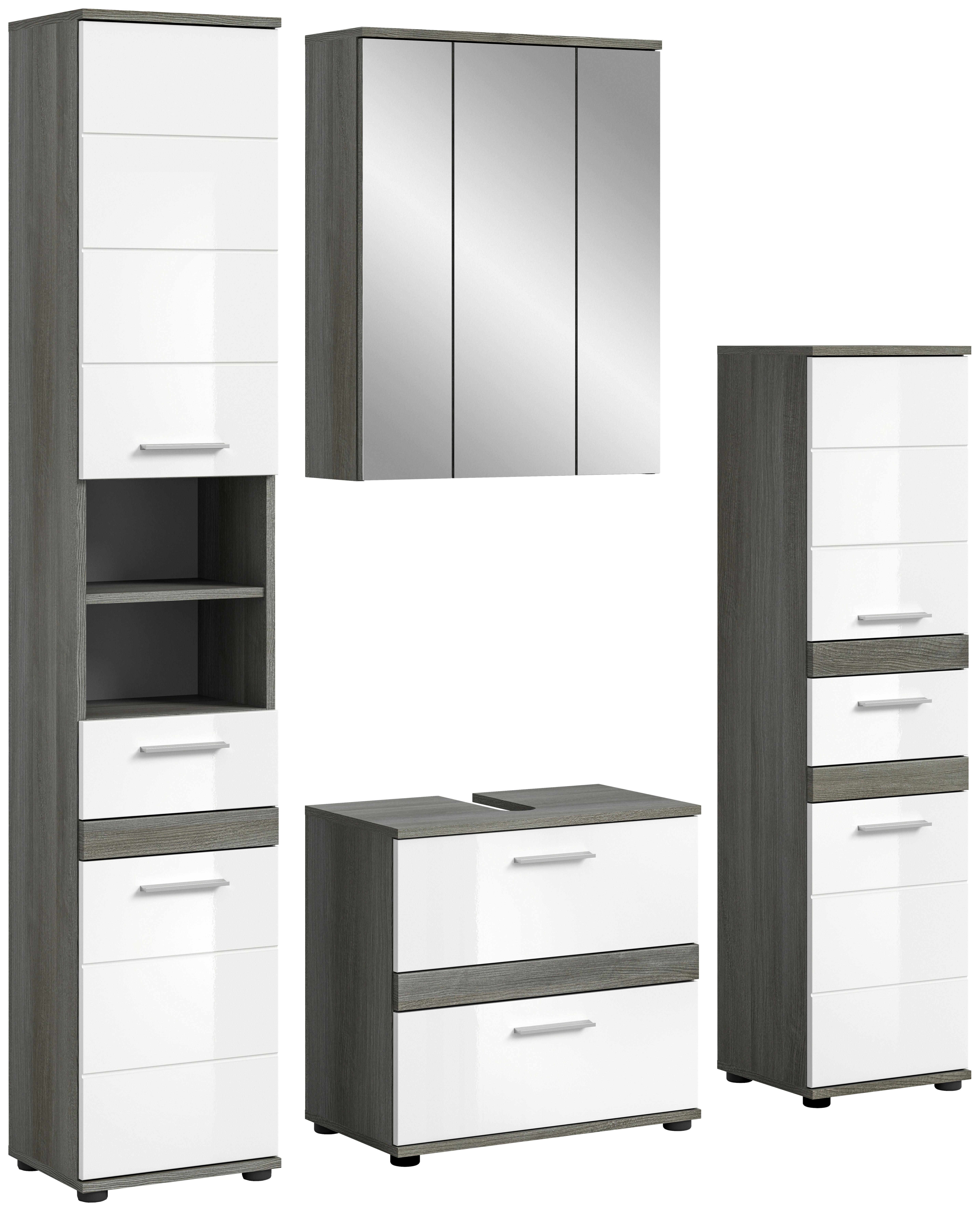 Badezimmer-Set BLAKE 4-teilig, Weiß Hochglanz - Weiß Hochglanz/Silberfarben, MODERN, Glas/Holzwerkstoff (150cm) - MID.YOU