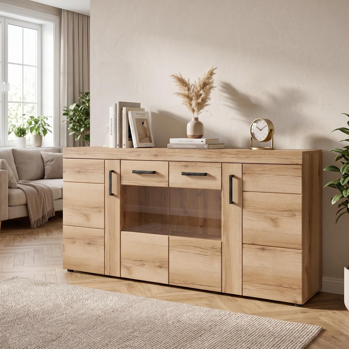 Comodă Cortina - culoare lemn stejar, Modern, sticlă/material pe bază de lemn (185,1/86/40,9cm) - Modern Living