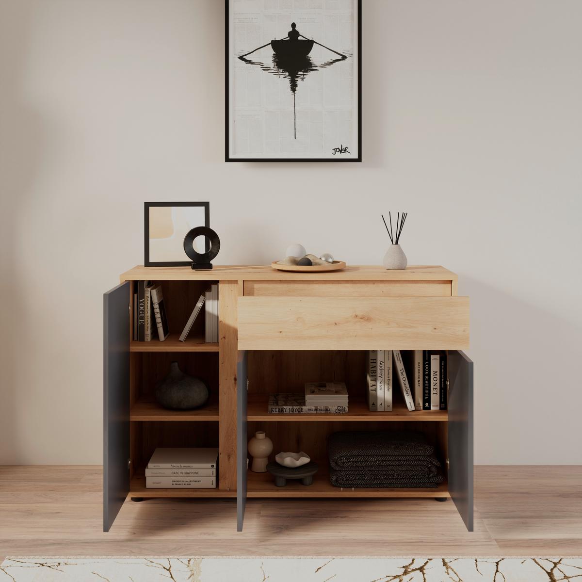Široka Komoda Caneva, Barva Hrasta, Antracit - črna/antracit, Moderno, umetna masa/leseni material (128/86/40,3cm) - Modern Living