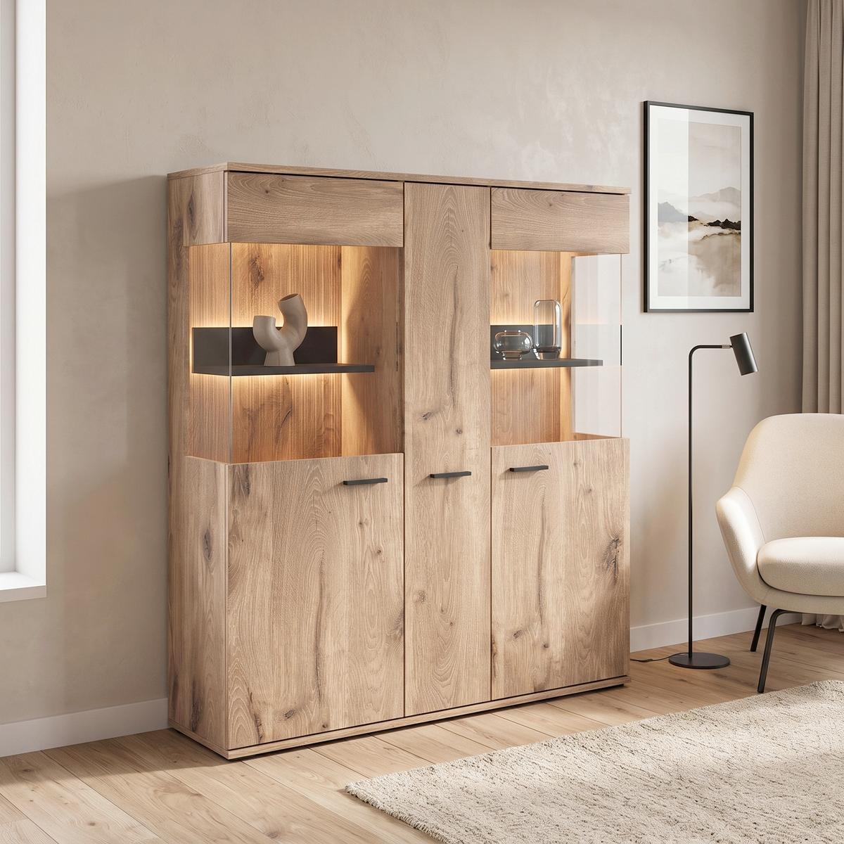 Vitrină Pardoo - culoare lemn stejar/antracit, Trend, sticlă/material pe bază de lemn (115/133,7/37cm) - Modern Living