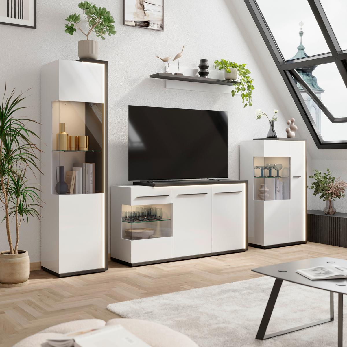 Komoda Ambiente Plus - bijela/bijela visoki sjaj, Moderno, staklo/drvni materijal (153,4/81,6/43,6cm) - Modern Living