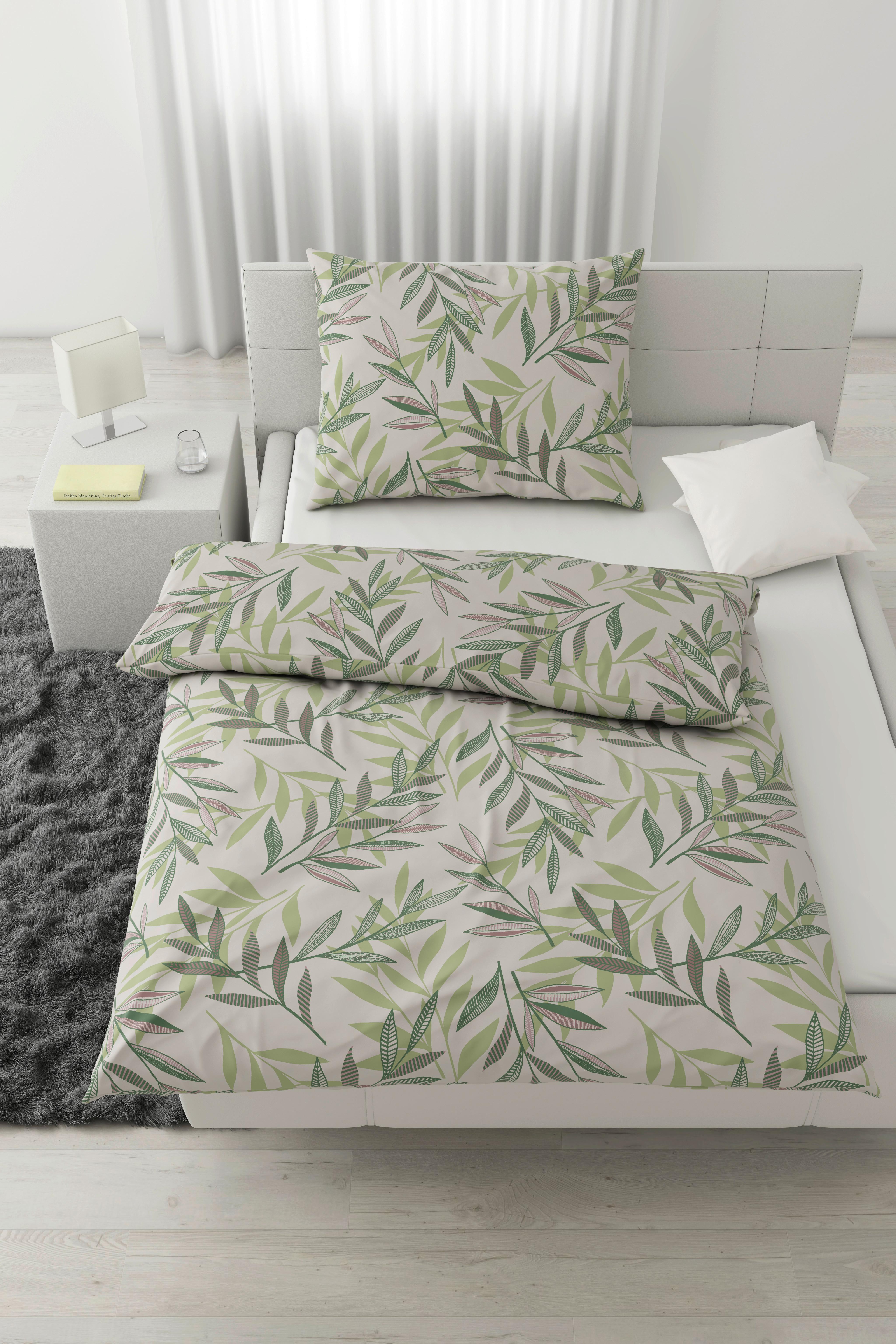 BETTWÄSCHESET STITCHED LEAVES - Beige/Grün, Textil (160/210cm) - Modern Living