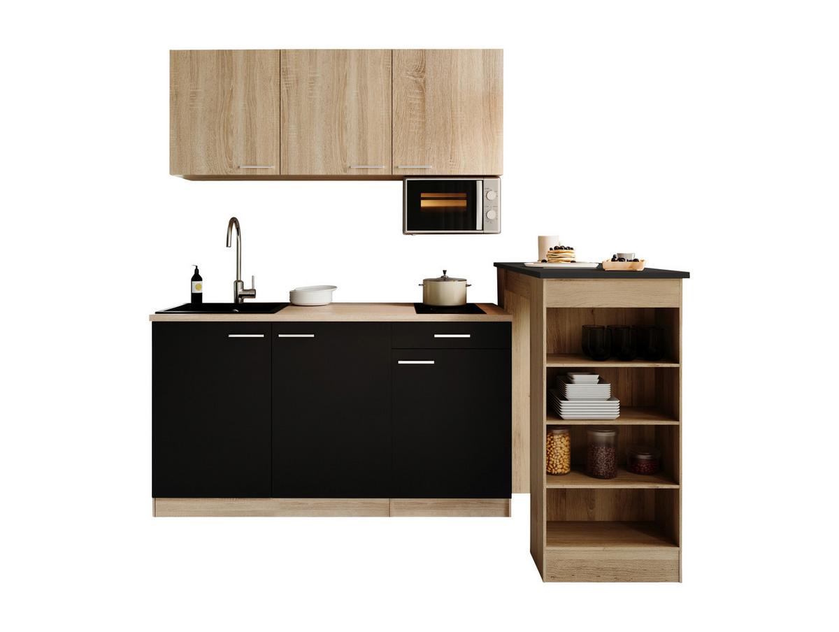 Miniküche Ingrid m. Geräten ca. 150cm Schwarz - Eichefarben/Schwarz, Design, Holzwerkstoff/Kunststoff (150cm) - Respekta