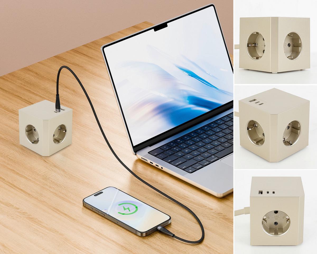 KOSTKA ZASILAJĄCA PLUG BOX - kolor złoty, Basics, tworzywo sztuczne (7,5/7,5/7,5cm) - Mican