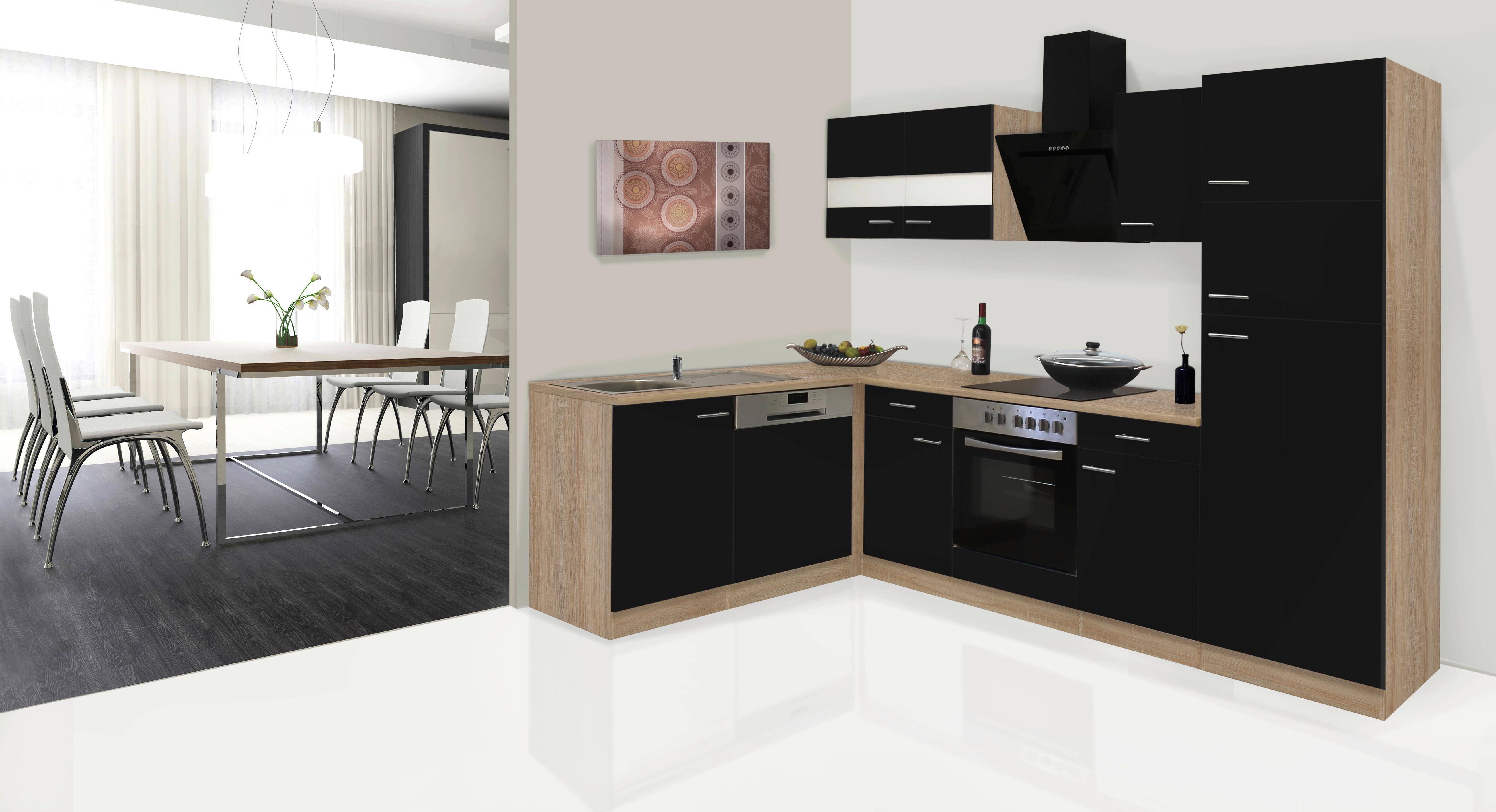 Eckküche Economy Schwarz/Eiche mit Geräte ca. 172x280 cm - Eichefarben/Schwarz, Basics, Glas/Holzwerkstoff (172/280cm) - Respekta