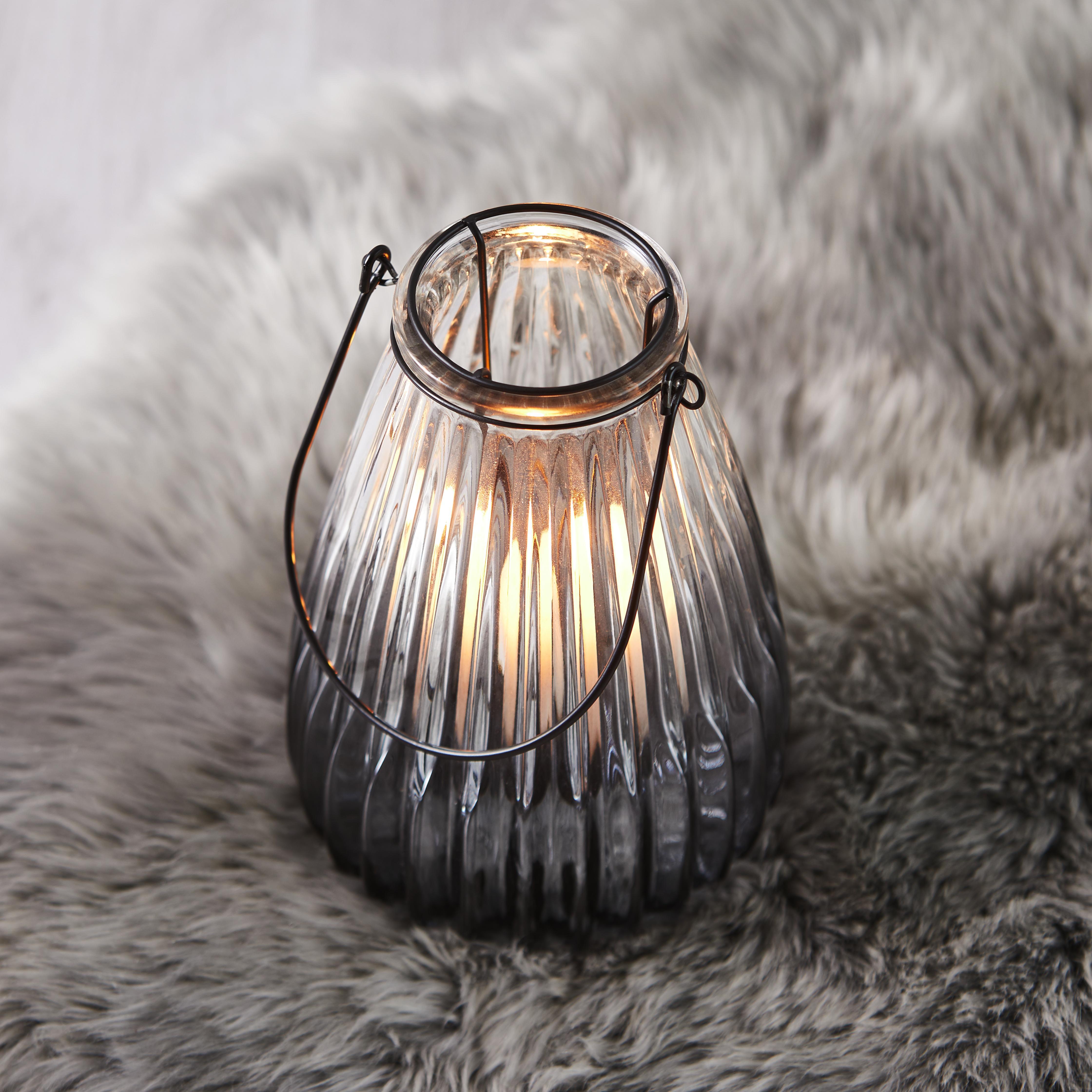 Windlicht in Blau/Grau Ø/H ca.15,5/21,7cm 'Svenjia' - Blau/Schwarz, MODERN, Glas/Metall (15,5/21,7cm) - Bessagi Home