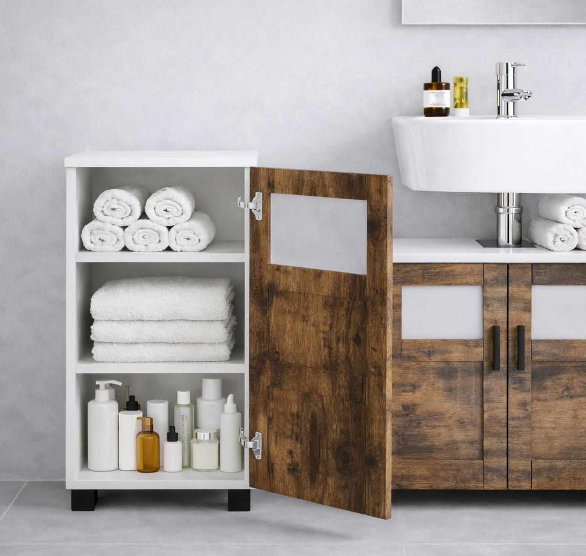 Midischrank Nilari M - Weiss/Eichefarben, Trend, Glas/Holzwerkstoff (38/70/28cm) - MID.YOU