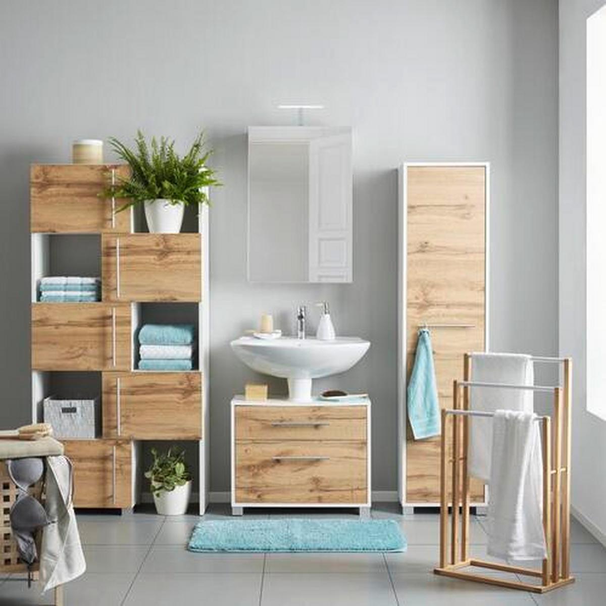 armoire haute Weiss/Eichefarben - couleur de chêne/couleur chromée, Modern, métal/matériau de bois (40/164/33cm) - Mömax