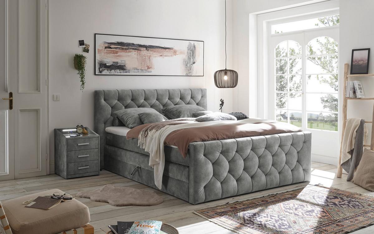 Boxspringbett Cashfield 8 ca. 180x200 cm Grau - Grau, MODERN, Holzwerkstoff/Kunststoff (180/200cm) - MID.YOU