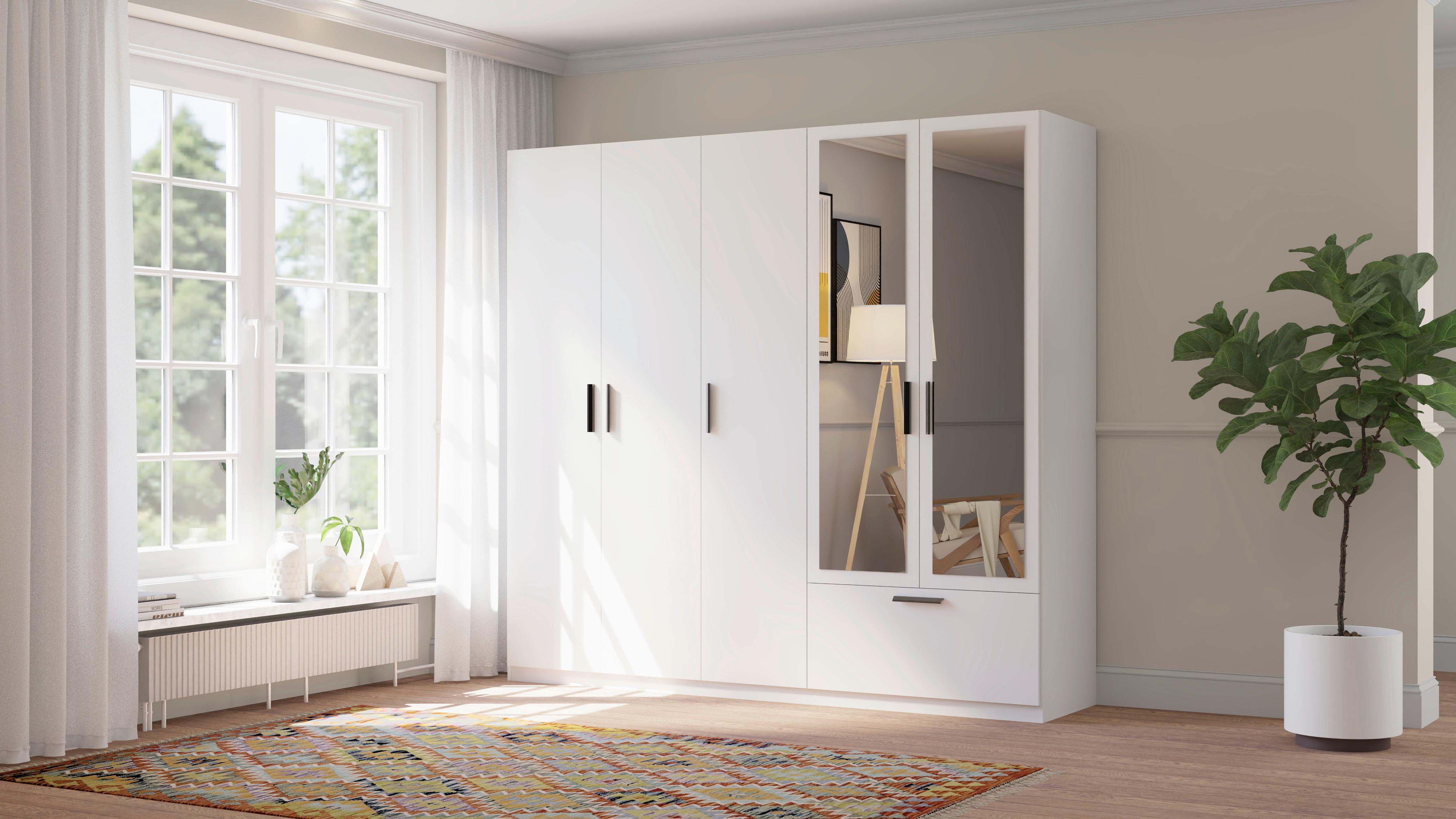 GARDEROB MED GÅNGJÄRNSDÖRRAR MILOS 5T1S2S - vit/svart, Modern, trämaterial/glas (225/210/54cm) - Mömax
