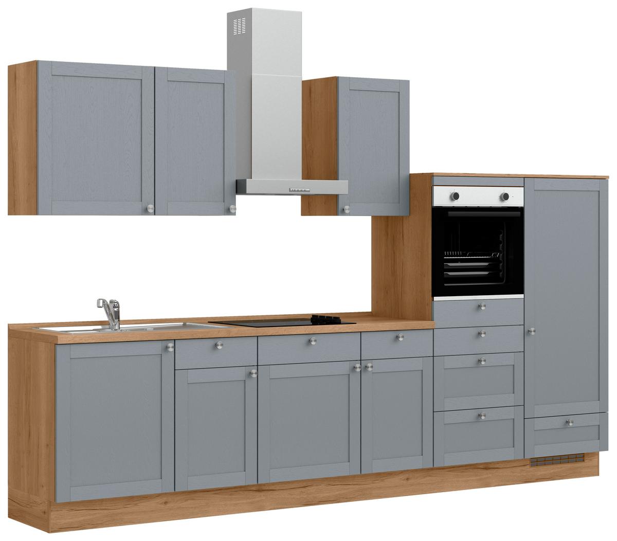 Küchenleerblock Frame Low o. Geräte Blaugrau - Edelstahlfarben/Eichefarben, MODERN, Holzwerkstoff/Metall (330cm) - Nobilia