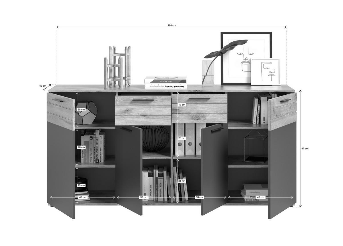 Kommode Mason ca. 180x87 cm Eiche/Grau - Holzwerkstoff/Kunststoff (180/87/40cm) - MID.YOU