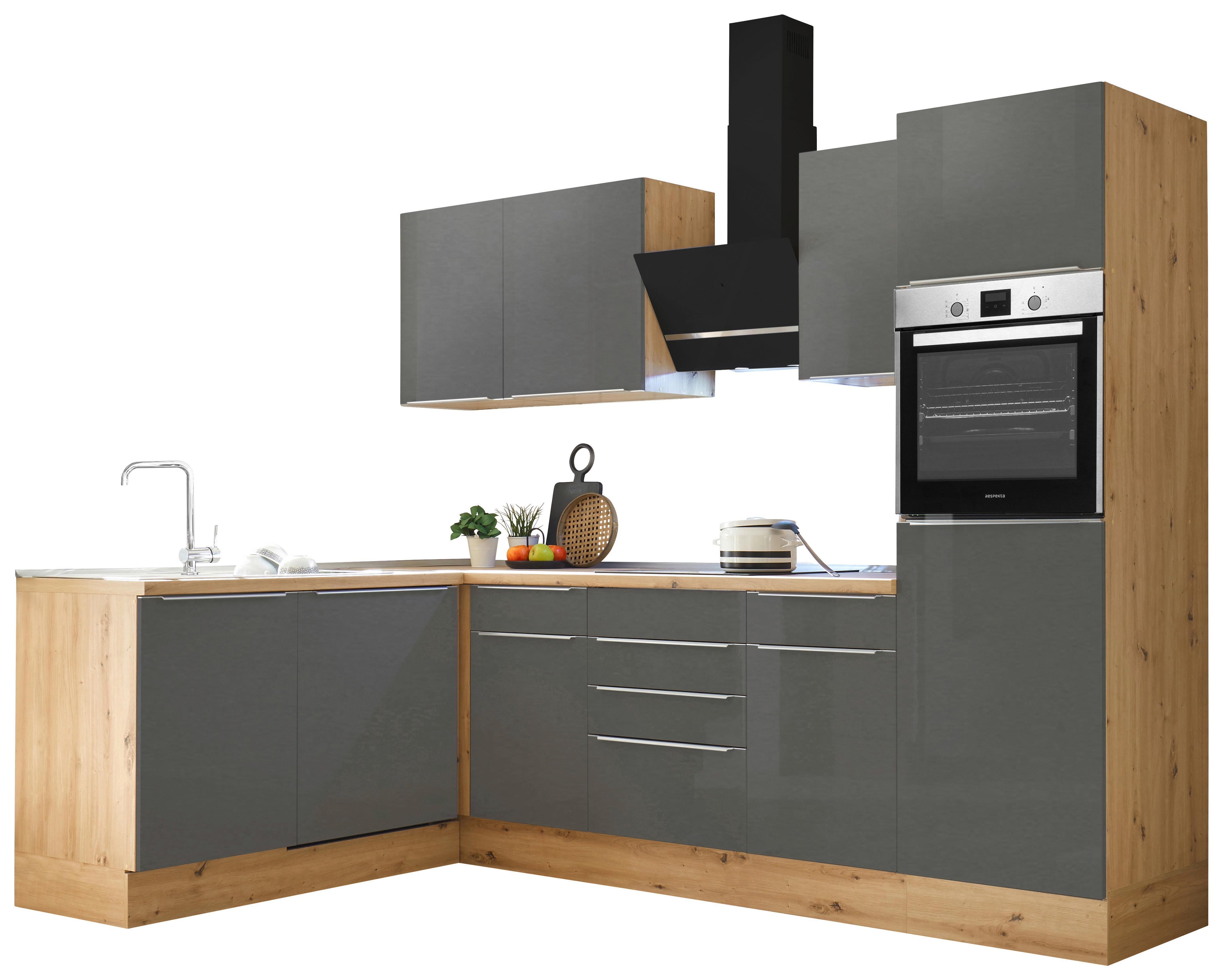 Eckküche Marleen mit Geräten Grau/Eiche ca. 280x170 cm - Anthrazit/Alufarben, LIFESTYLE, Holzwerkstoff/Kunststoff (280/170cm) - Respekta