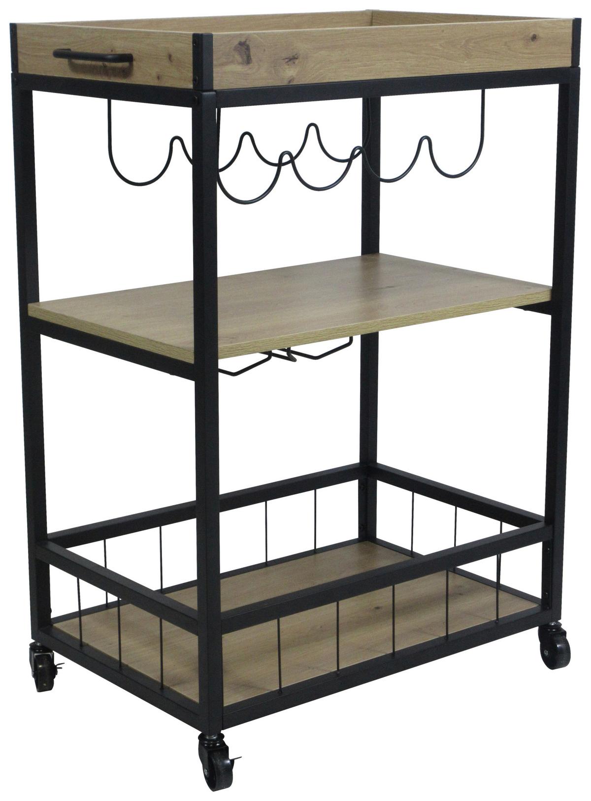 Servirni Voziček Graz 2, Imitacija Hrasta/črna - črna/naravne barve, Moderno, kovina/umetna masa (67/88/39,5cm) - Mömax