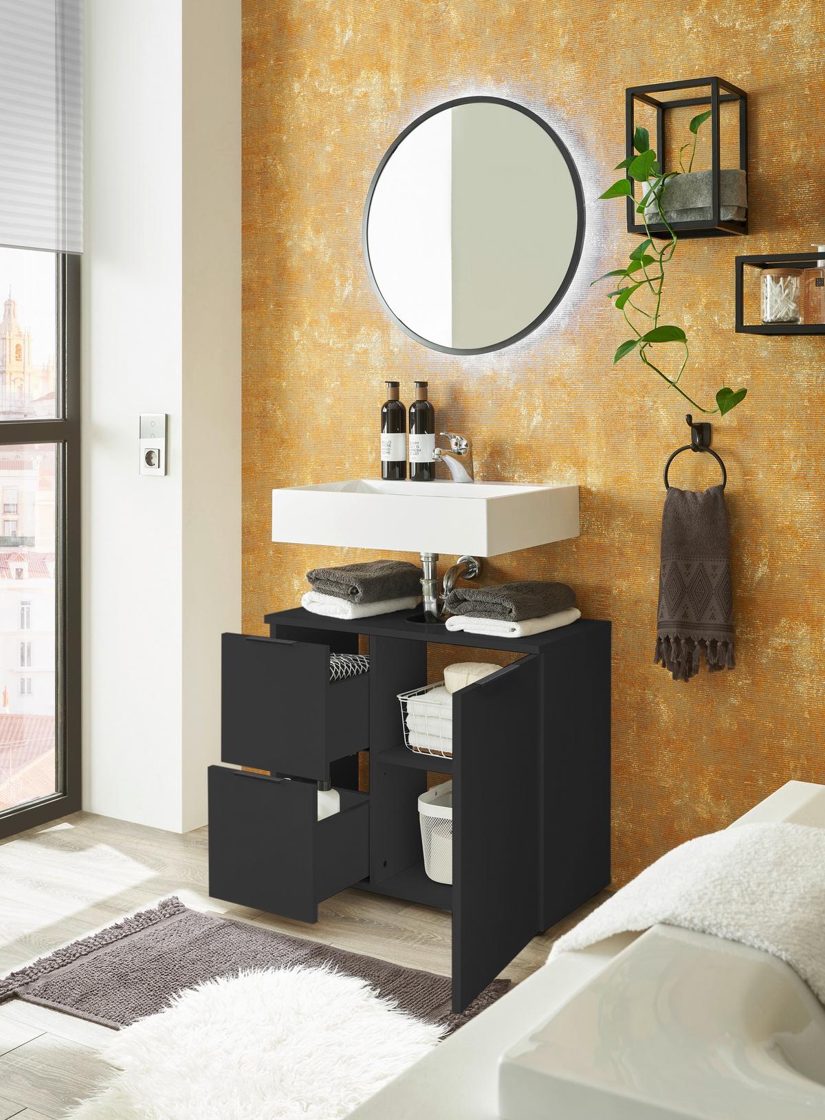SZAFKA POD UMYWALKĘ PORTO - czarny, Konventionell, materiał drewnopochodny/tworzywo sztuczne (70/60/35cm) - Xora