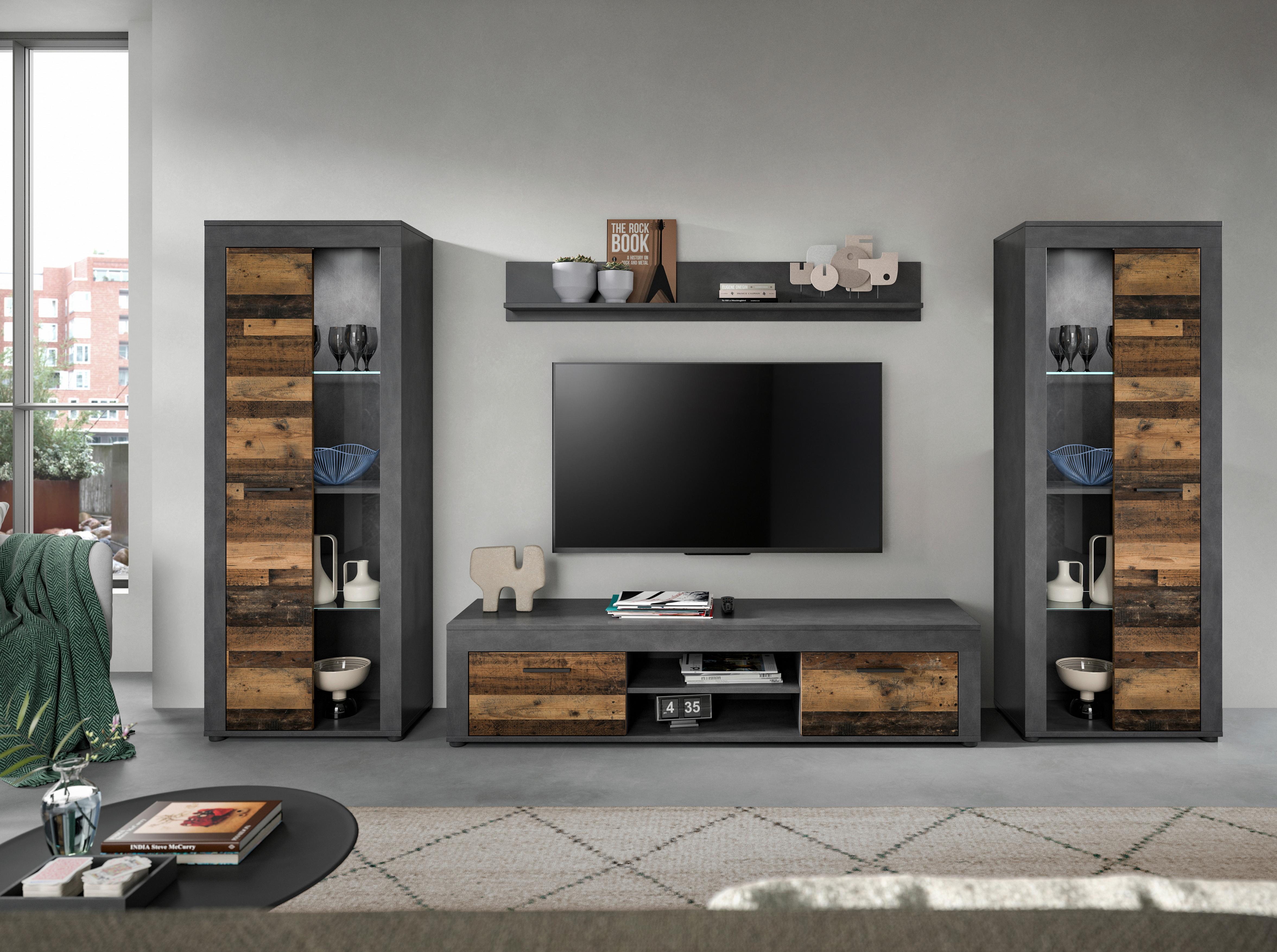 Ansamblu mobilier camera de zi JAM - culoare natur/gri, Design, sticlă/material pe bază de lemn (310/159/35cm) - Modern Living