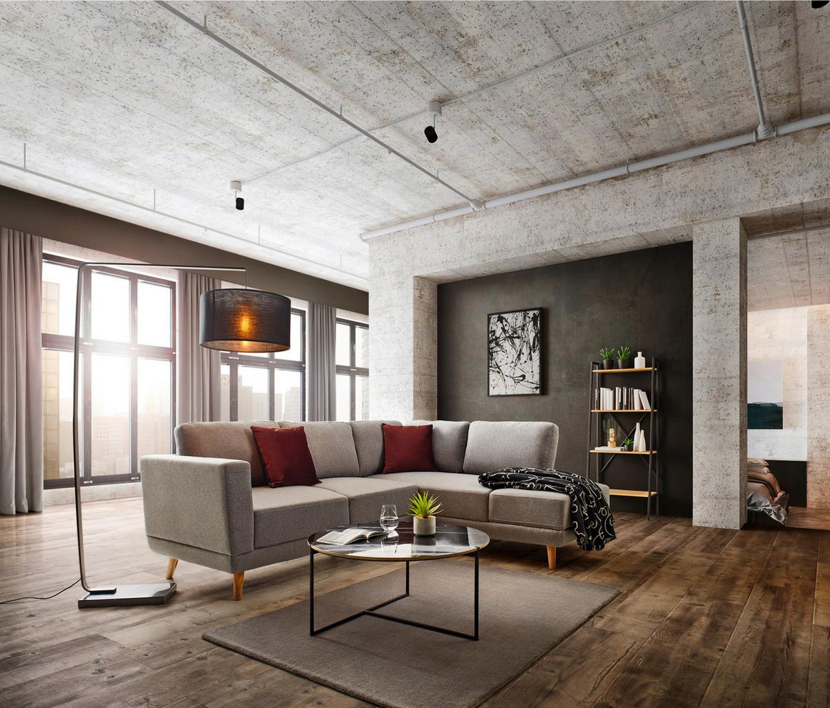 canapé d'angle KYLE - Naturfarben/Grau, Modern, Holz/Textil (242/88/189cm) - Bessagi Home