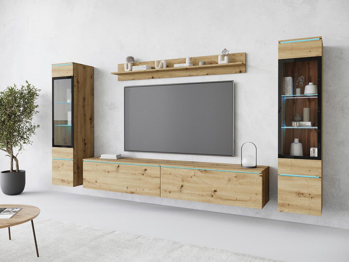 Wohnwand Vera II 4-tlg. ca. 240x130 cm Eiche Artisan - Eiche Artisan/Grau, Basics, Glas/Holzwerkstoff (240/130/33cm) - Livetastic