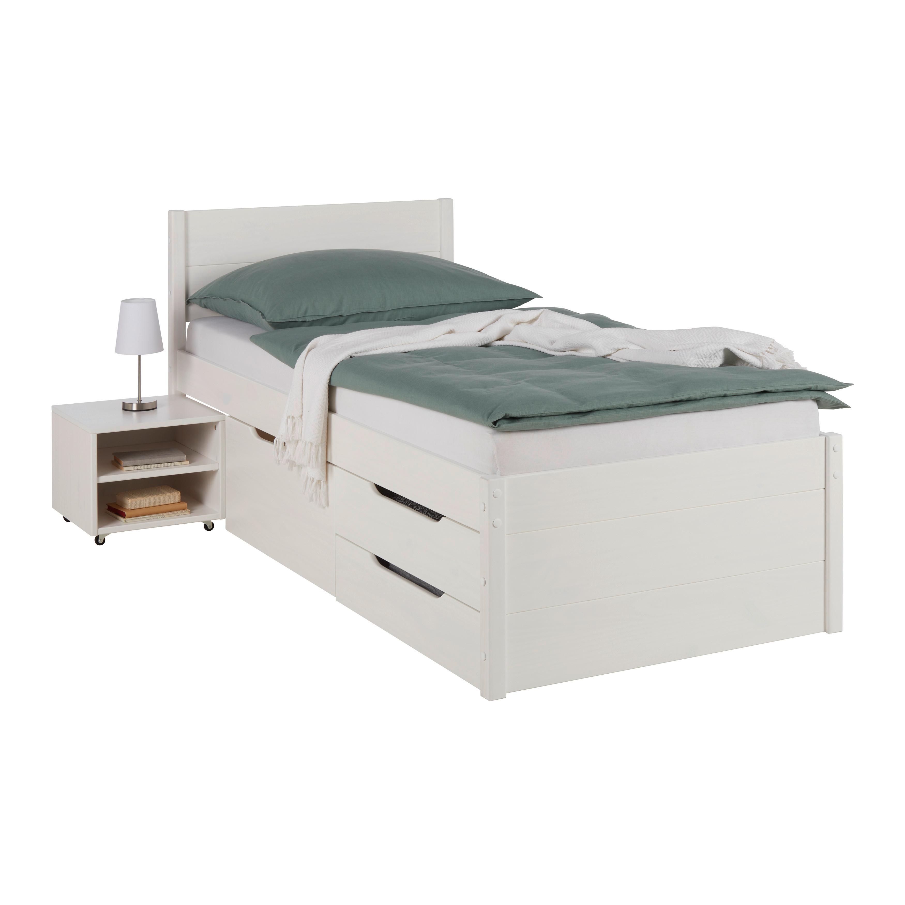 Stauraumbett in Weiß ca. 90x200cm - Weiss/Naturfarben, Konventionell, Holz (90/200cm) - Zandiara