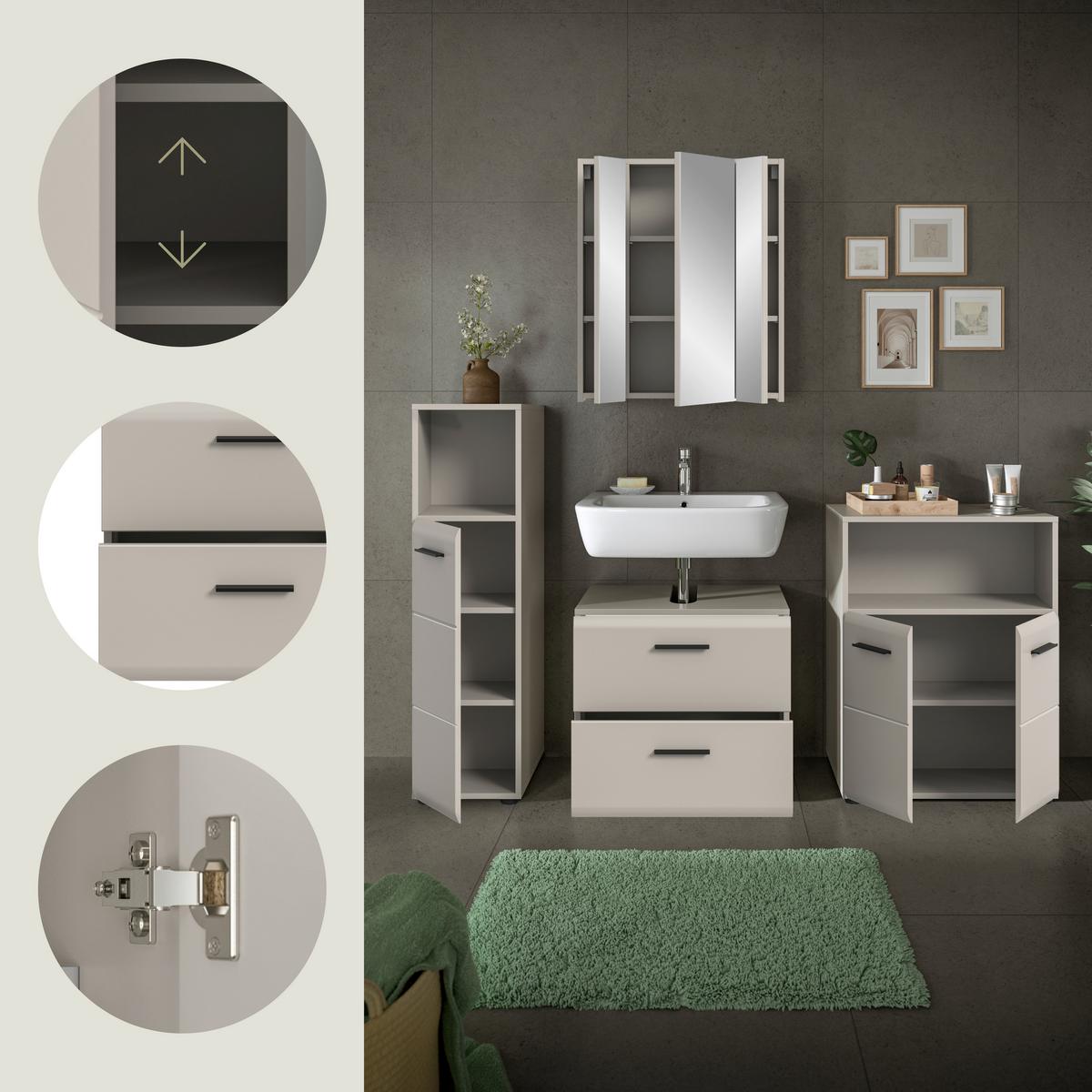 Badezimmer Ice Kaschmir 4-teilig - Kaschmir/Schwarz, Trend, Glas/Holzwerkstoff (150cm) - MID.YOU