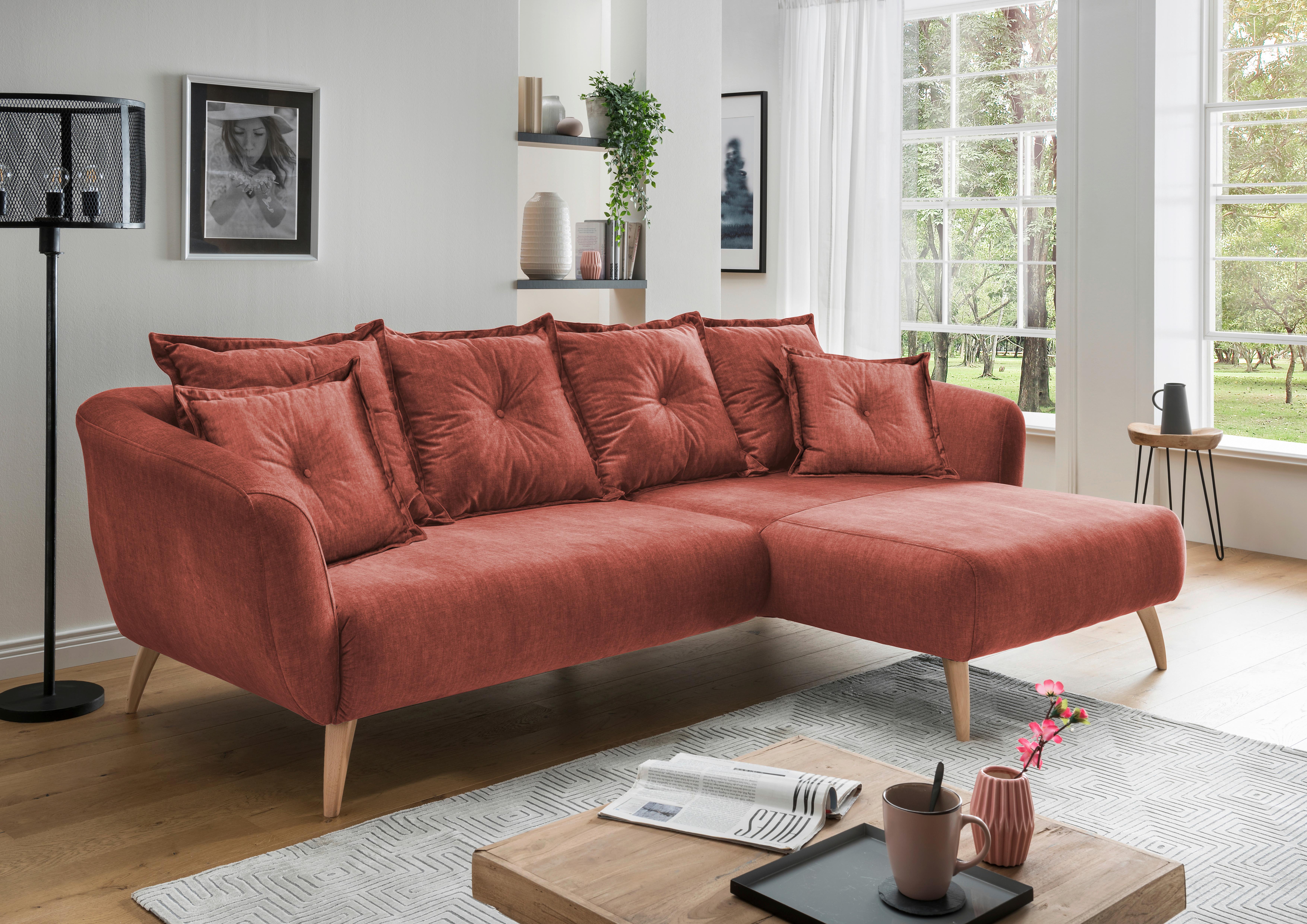 Wohnlandschaft Baggio Koralle Velours - Koralle/Buchefarben, MODERN, Holz/Textil (277/162cm) - Livetastic