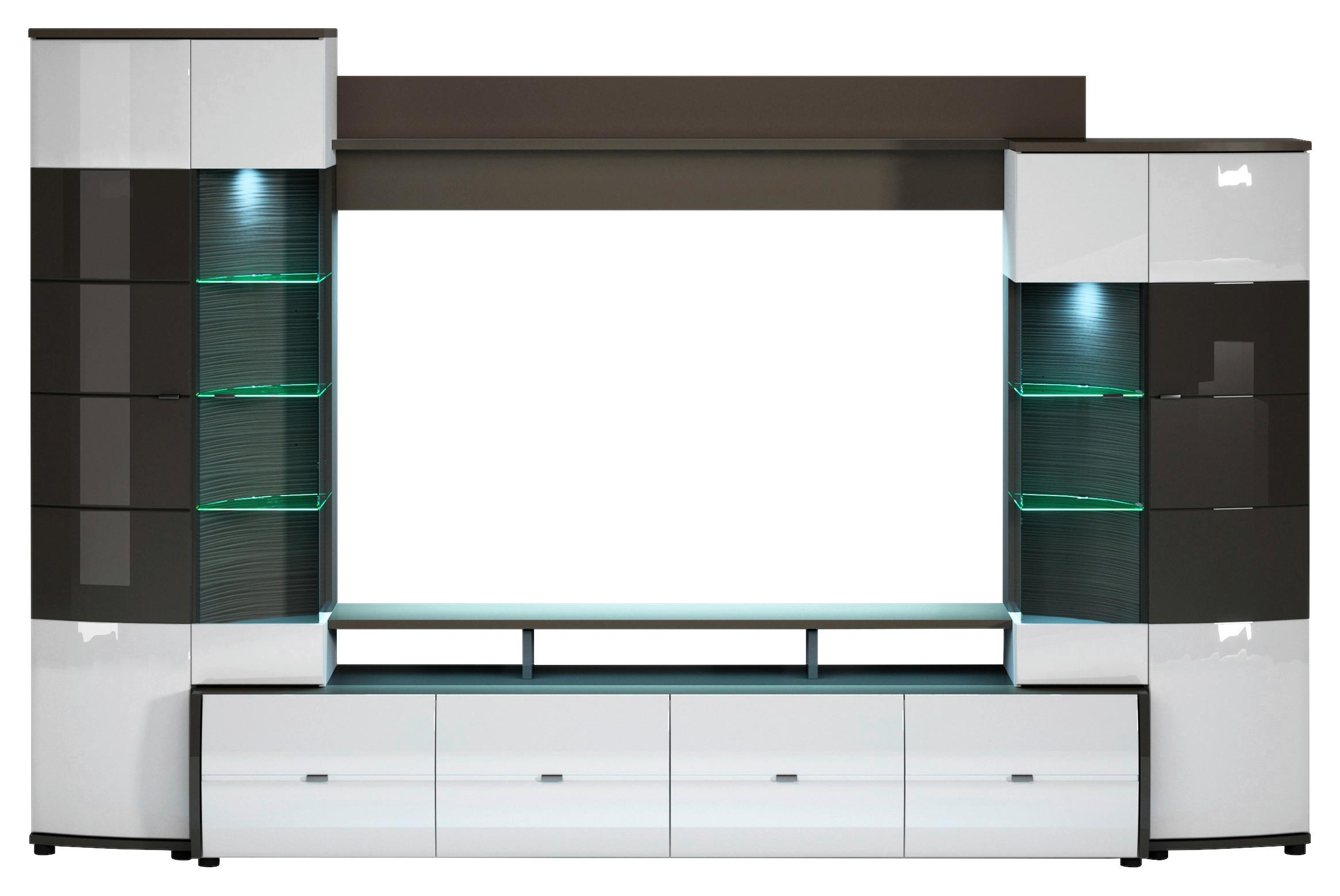 MEBLOŚCIANKA DO SALONU TRENDY - biały wysoki połysk/kolor srebrny, Modern, materiał drewnopochodny/tworzywo sztuczne (300/194/54cm) - Livetastic