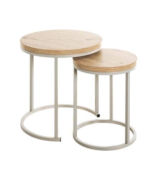 ZESTAW STOLIKÓW BOCZNYCH LEVI - kolor dębowy/szary, Trend, materiał drewnopochodny/metal (32-45/32-45/43-49cm)