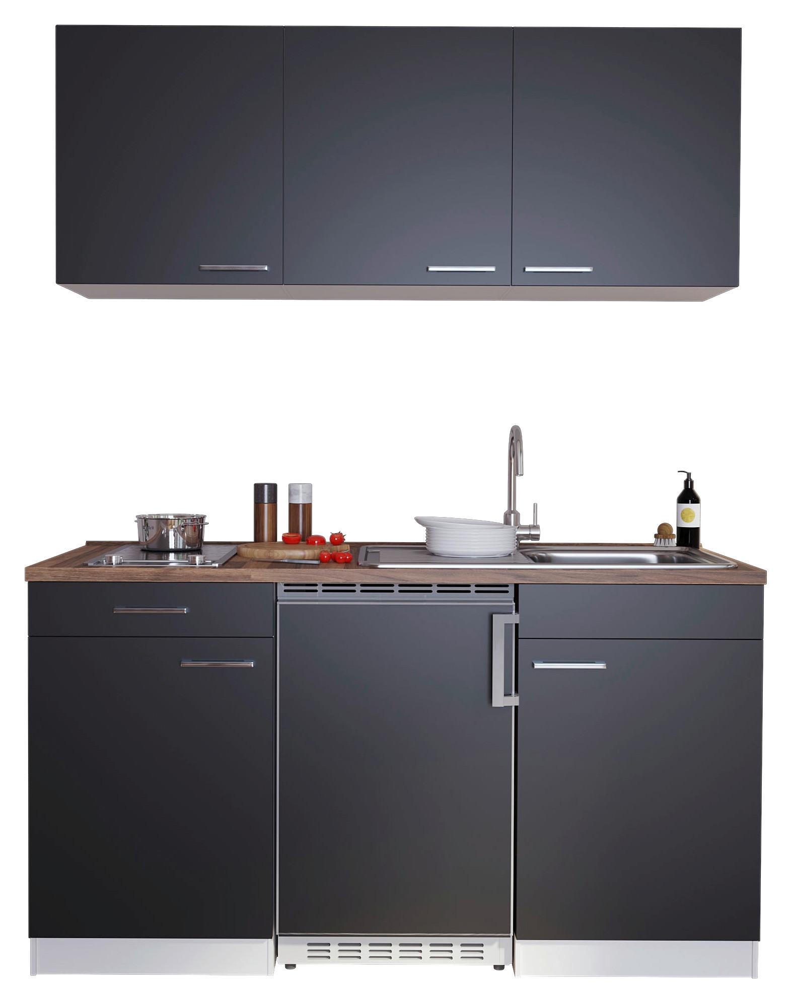 Miniküche Economy m. Geräten Schwarz/Nussbaum B: ca. 150 cm - Edelstahlfarben/Nussbaumfarben, Basics, Holzwerkstoff/Kunststoff (150cm) - Respekta