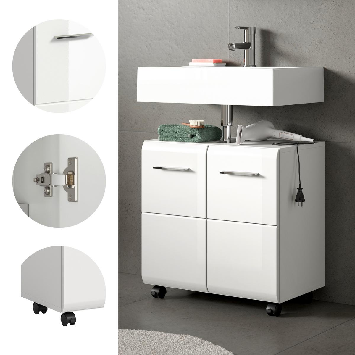 Waschbeckenunterschrank Ice Weiß/Weiß Hochglanz - Weiß Hochglanz/Silberfarben, Trend, Holzwerkstoff/Kunststoff (60/58/30cm) - MID.YOU
