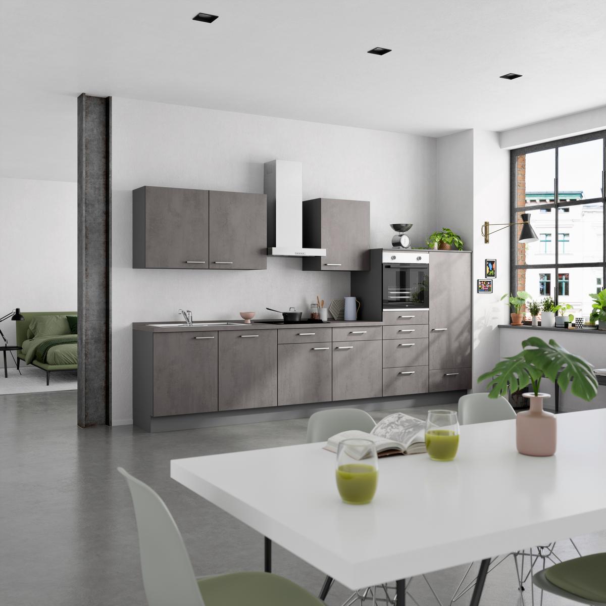 Küchenblock Riva Low m. Geräten Schieferfarben - Schieferfarben/Edelstahlfarben, MODERN, Holzwerkstoff/Metall (360cm) - Nobilia