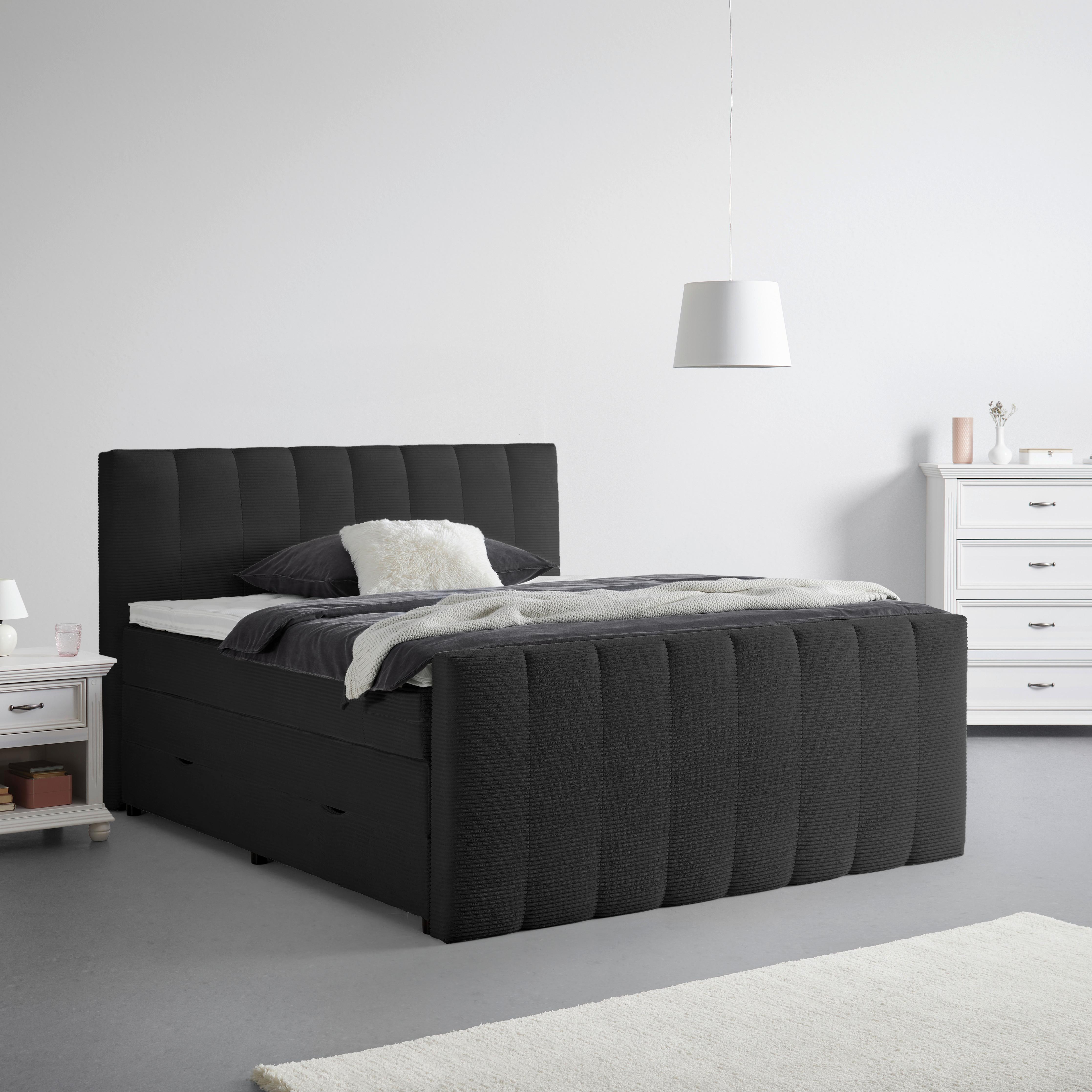 Boxspringbett Malaga Schwarz ca. 160x200cm - Silberfarben/Schwarz, KONVENTIONELL, Holz/Holzwerkstoff (160/200cm) - Premium Living