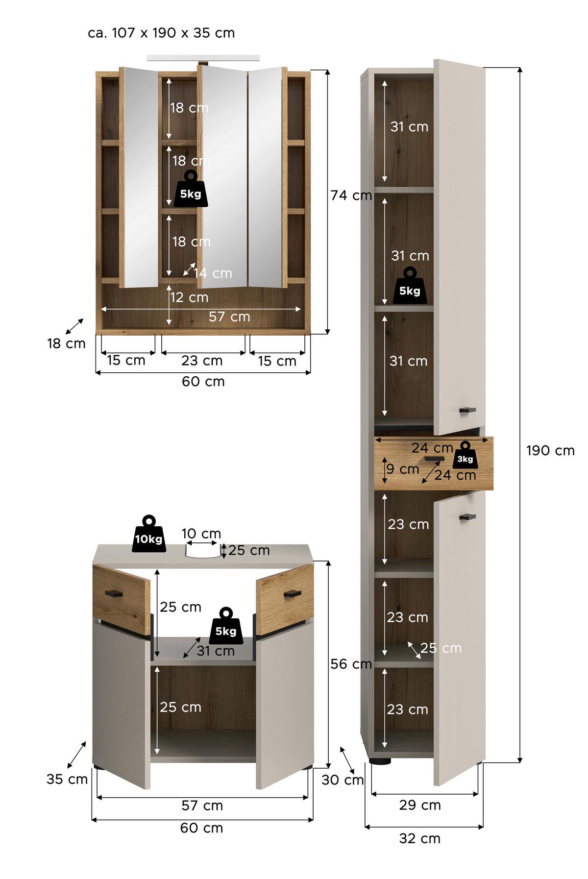 Badezimmer Aqua Eichefarben/Kaschmir - Kaschmir/Eichefarben, Trend, Glas/Holzwerkstoff (92cm) - MID.YOU